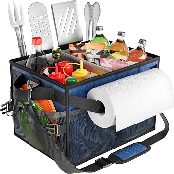 FANGSUN Grill Caddy, Foldable BBQ Caddy with Paper Towel Holder, Blue