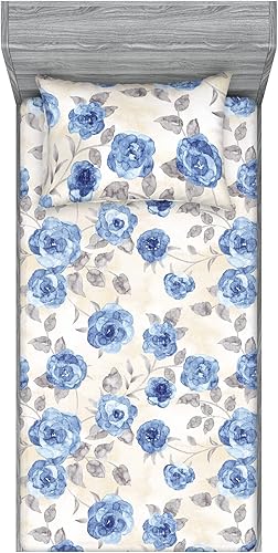 Miniatura 53 de Ambesonne Floral Fitted Sheet & Pillow Sham Set, Retro Wave Inspired Flower Motif with Space Inspired Effects Print, Decorative Printed 3 Piece Dark