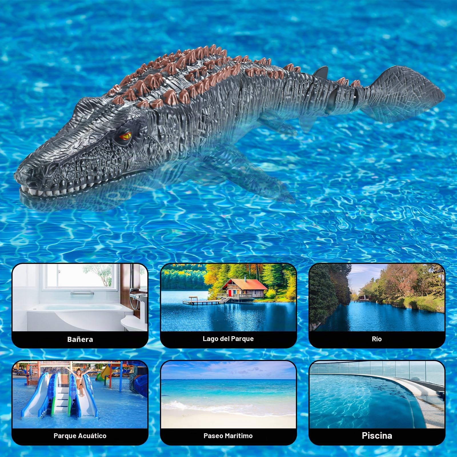 Barcos Teledirigido RC Mosasauru, 2.4GHz Impermeable Juguete del Mosasaurio De Agua con Agua pulverizadora, Dinosaurio Teledirigido Agua, Regalo para Niños Piscina, Lago, Baño (Gris)