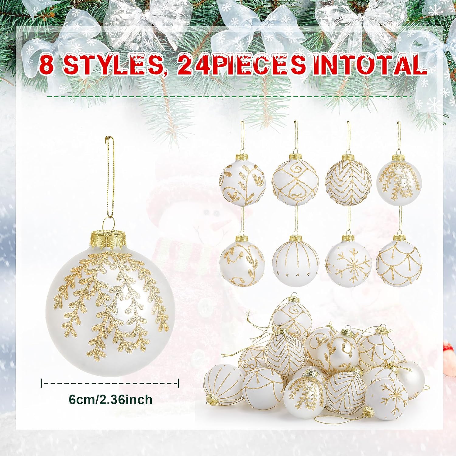 Liliful 24 Pcs White Glass Christmas Ball Ornaments 2.36 Inch Glass Christmas Tree Decorations Xmas Tree Hanging Balls Ornaments Decoration for Trees Xmas Holiday Party Decor Gift