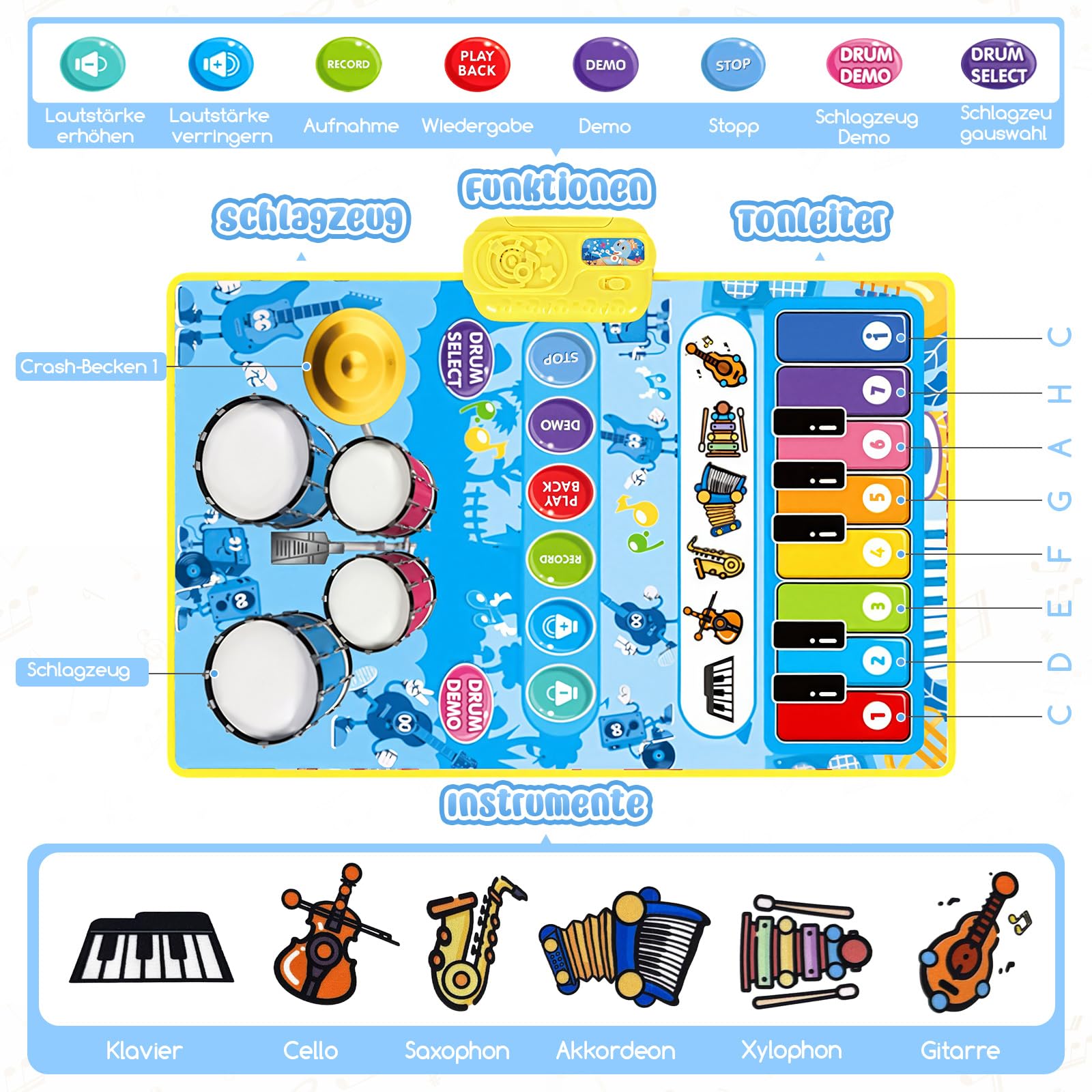 Musikmatte, Klaviermatte, Jazztrommel, Baby Spielzeug Musik Klaviermatte Keyboard Kinder, Spielzeug Geburtstag für Mädchen Junge ab 1 2 3 4 Jahre Kleinkinde (Blau)