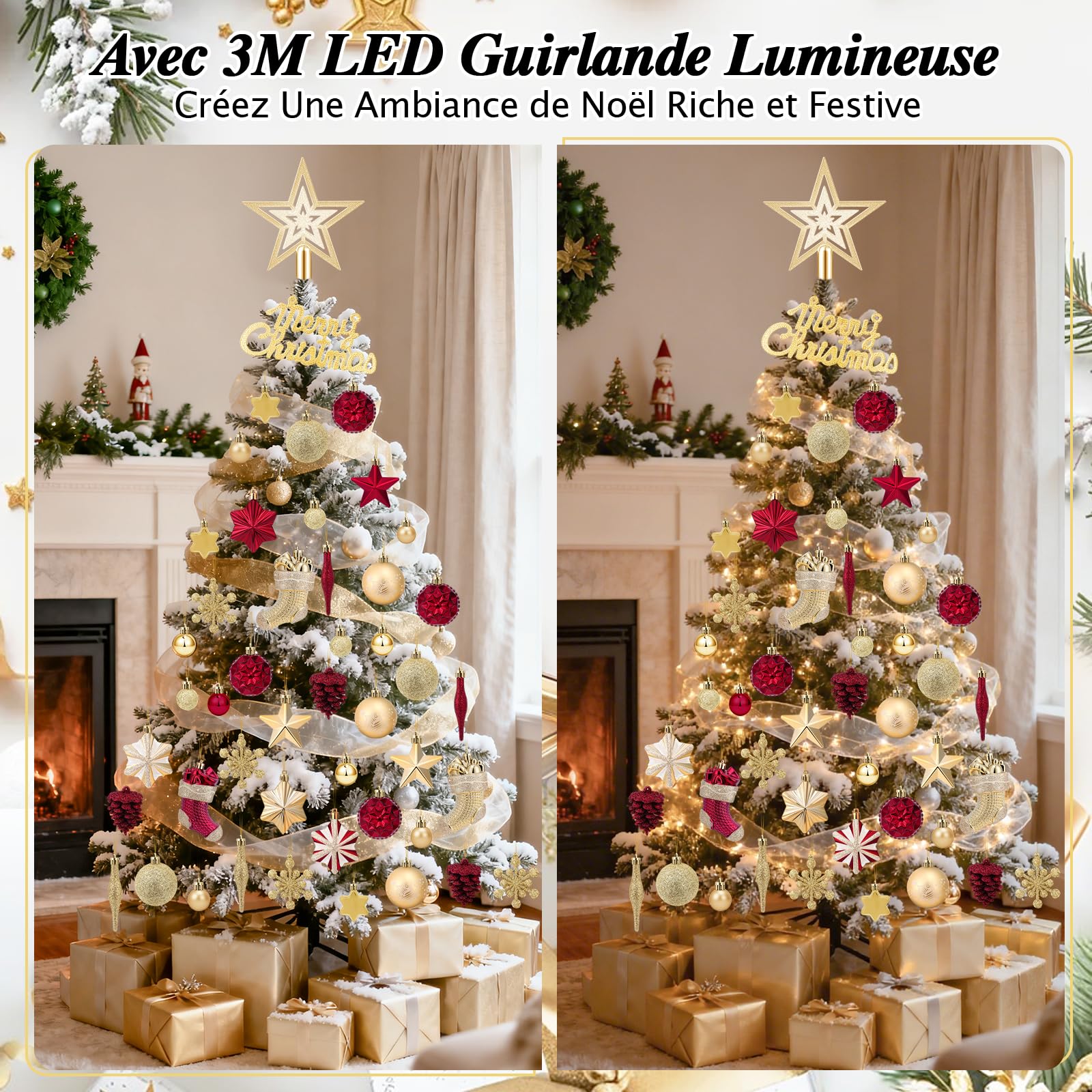 JONRRYIN Lot de 70 Boule de Noel, Décoration Noel Sapin avec LED, Boules de Noël en Plastique Incassable pour Decoration Noel Extérieur ou Intérieure，Rouge et Or