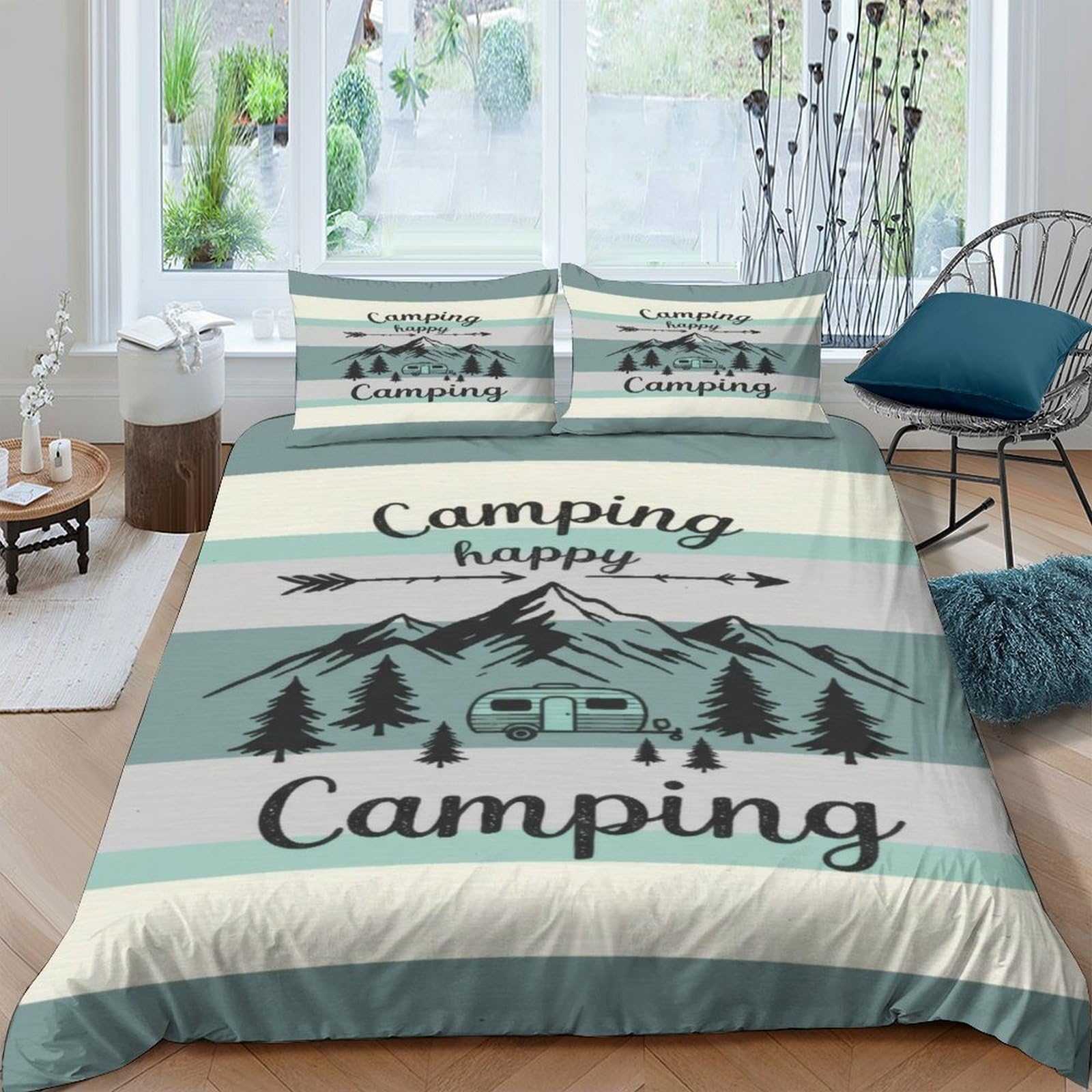 Ctjqhvkz Style-4 3D Printed Camping Forest Fitted Sheet Microfiber Soft Breathable Mountain Caravan Bed Cover For Bedroom Guest Room Decor Single（135X200cm）