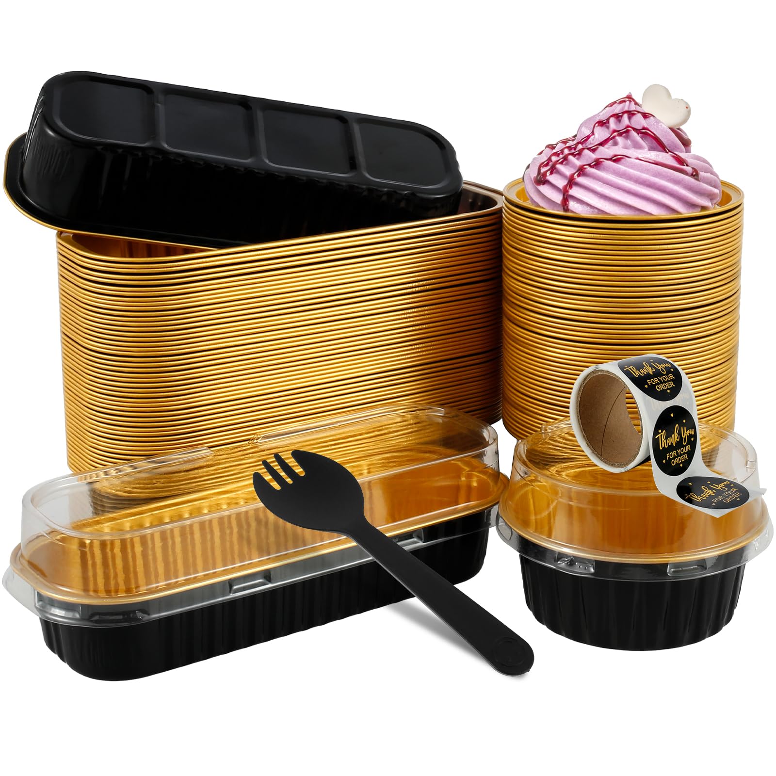 HOTBEST 100 Pcs Mini Loaf Pans with Lids, Aluminum Foil Cake Container with Lid and Spoon 200ml Rectangle Cake Cup 125ml Round Cupcake Baking Tin Heat-Resistant Small Cheesecake Muffin Pan (Black)
