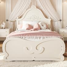 Twin Vintage Carved Platform Bed, Solid Wood Frame with Headboard