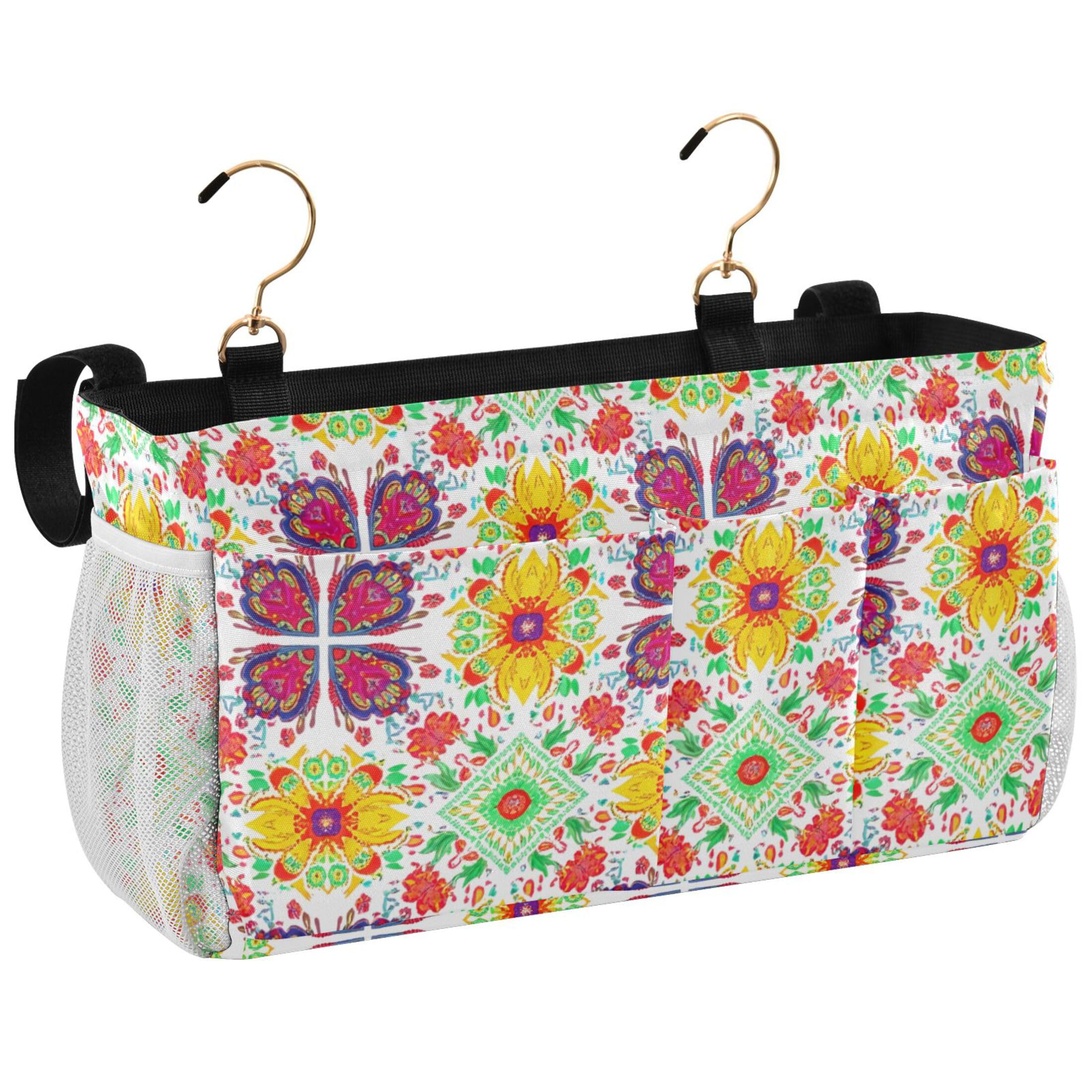 Burbuja Colorful Flower Tiles Bedside Caddy Hanging Storage Organizer with 2 Straps and Hooks for Home College Dorm Bunk Bed Hospital Bed Crib