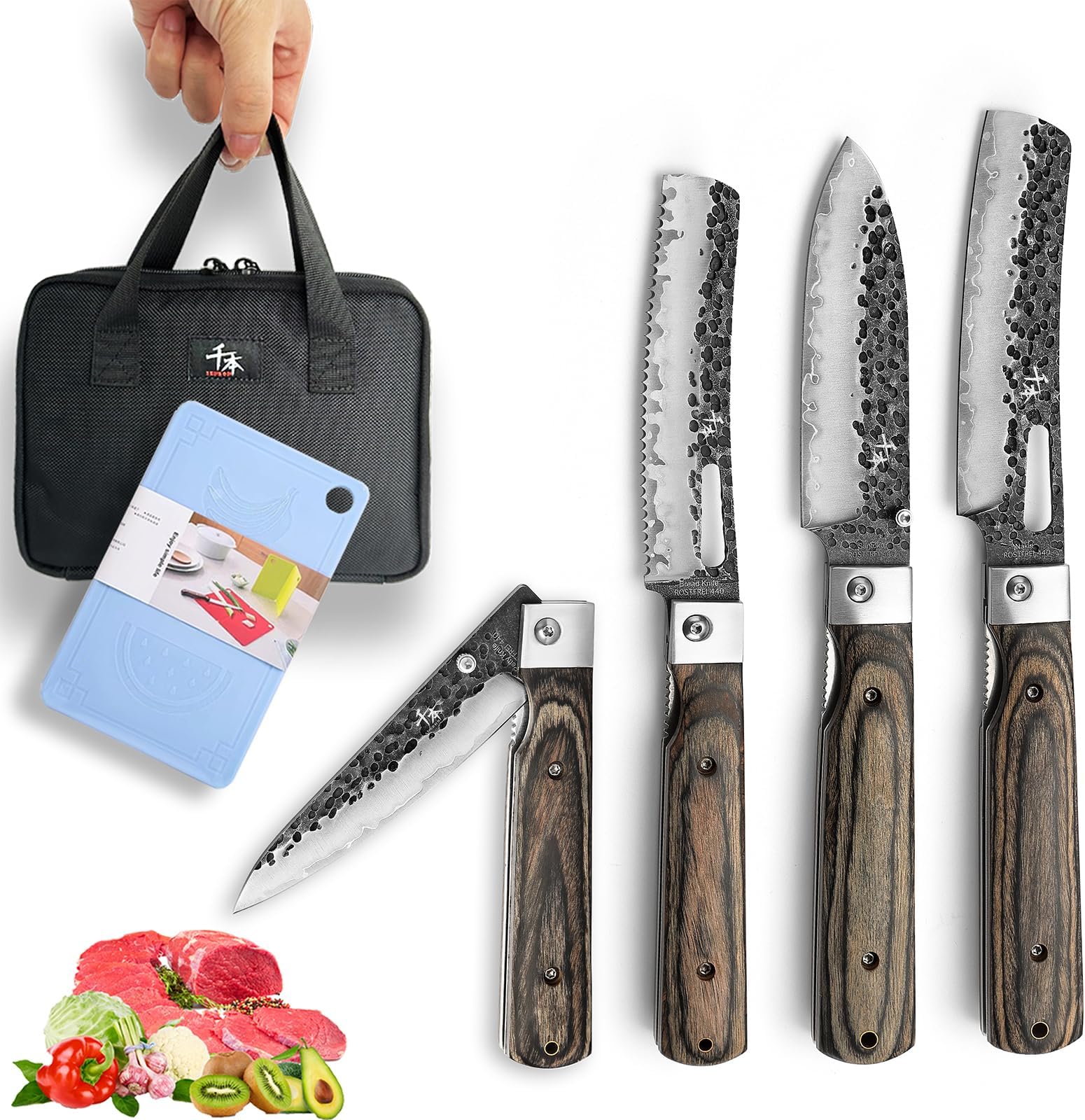 SENBON Forged 440A Stainless Steel Gift Packaging 4-piece Set Sharp Pocket Folding Chef Knife Universal Peeling Knife Bread Set Natural Olive Handle Portable Kitchen Knife