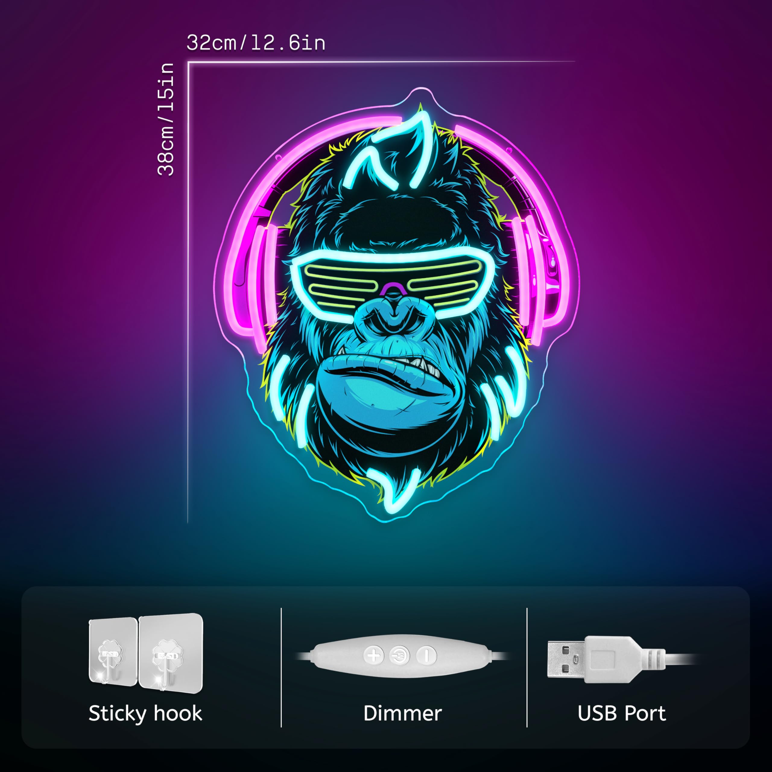 Auriculares, letrero de neón con luz LED Kong regulable para decoración de pared, sala de juegos, cueva de hombre, decoración de bar, fiesta en casa, letrero LED alimentado por USB