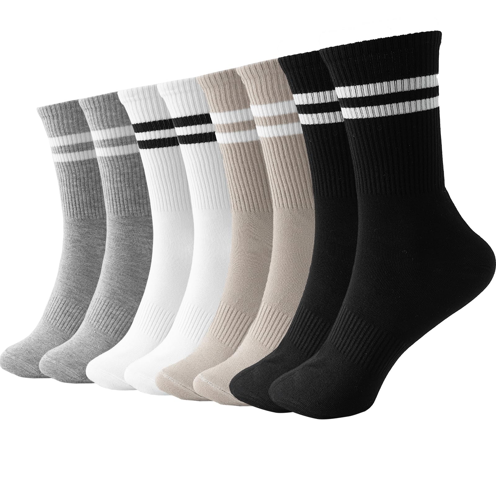 Women Striped Crew Socks- Long Cotton Athletic Breathable Calf Casual Socks