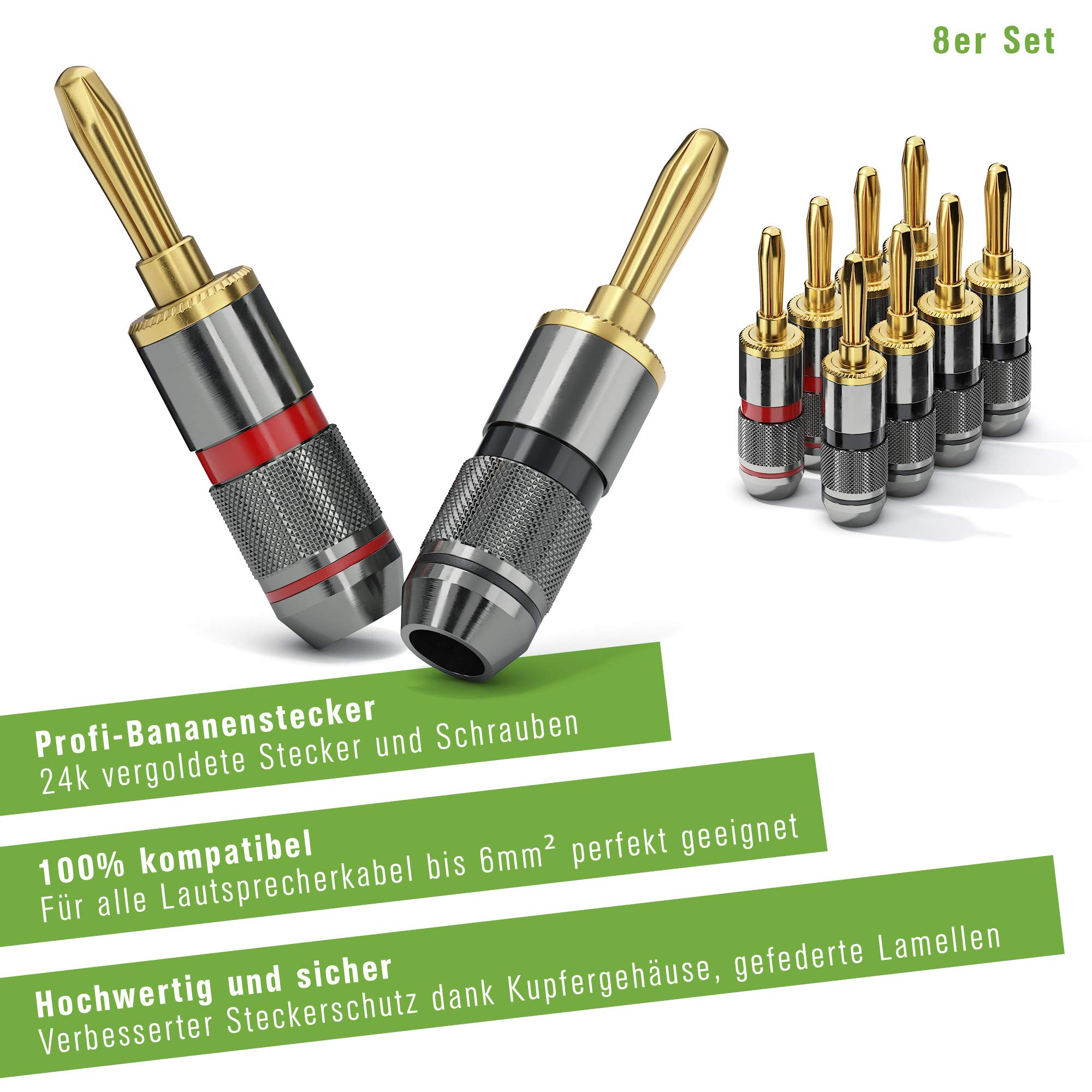 conecto connettori a banana di fascia alta, per tutti i cavi degli altoparlanti con un diametro massimo di 6 mm², 4 pezzi con anello colorato tutt'intorno, rosso/nero, placcato oro 24k conecto connettori a banana di fascia alta, per tutti i cavi degli altoparlanti con un diametro massimo di 6 mm², 4 pezzi con anello colorato tutt'intorno, rosso/nero, placcato oro 24k