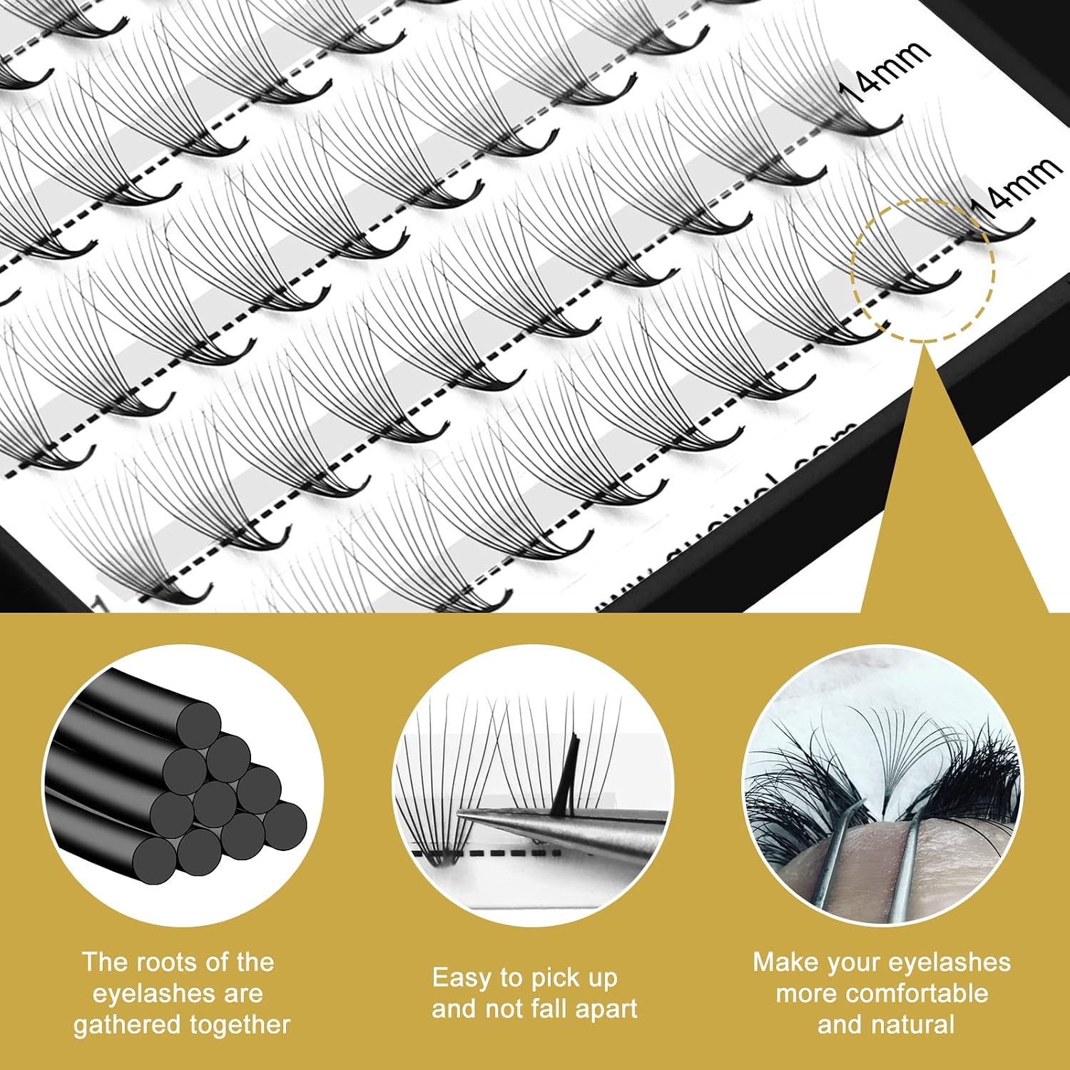 QUEWEL Premade Fans Middle Part 3D ~ 10D 12D 14D | 0.05/0.07/0.10 | Curl C/D | 10-18mm Length | Long Lasting Easy Application Long Stem Russian Volume Eyelash Extensions (10D-0.07C-14)