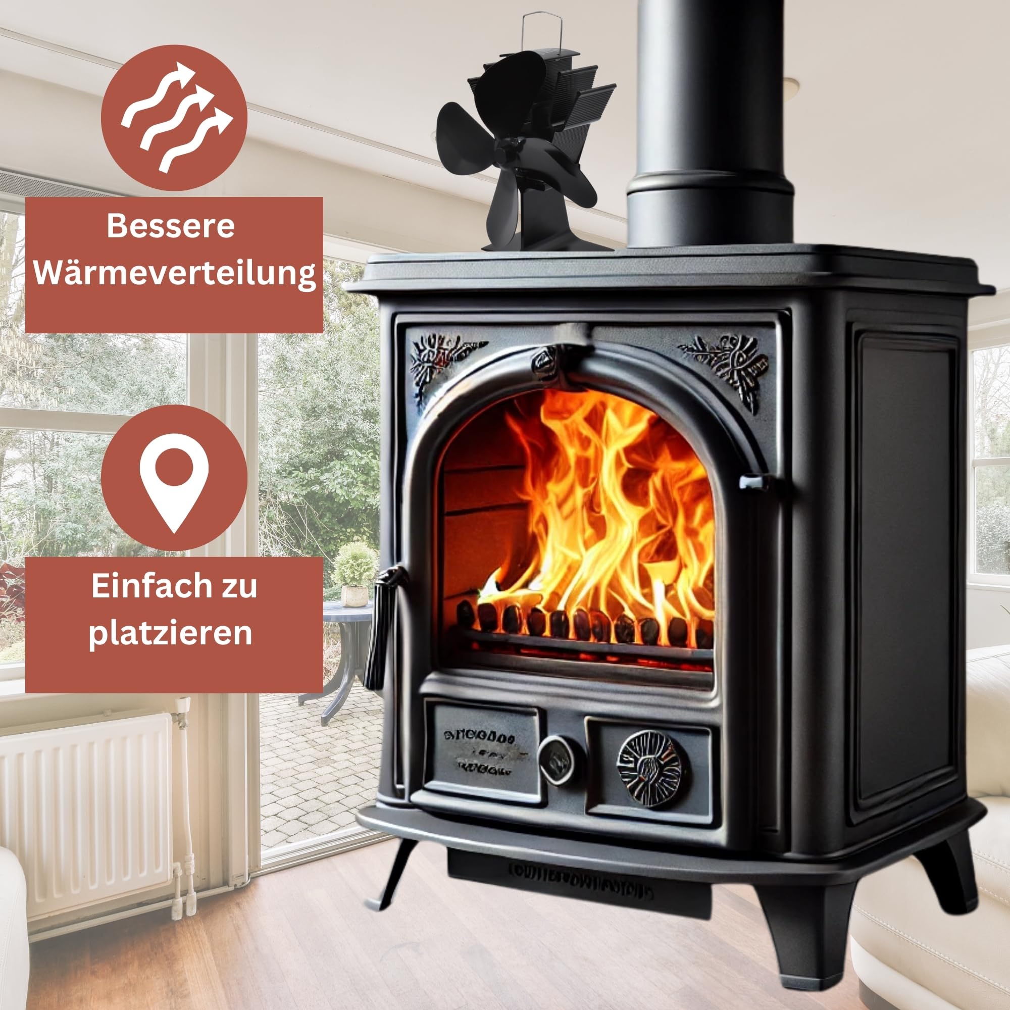 Kaminventilator 4 Klingen Kamin Ventilator stehend Ofenventilator ohne Strom geräuscharm & ökonomisch für Holzöfen & HL Kauf-Block