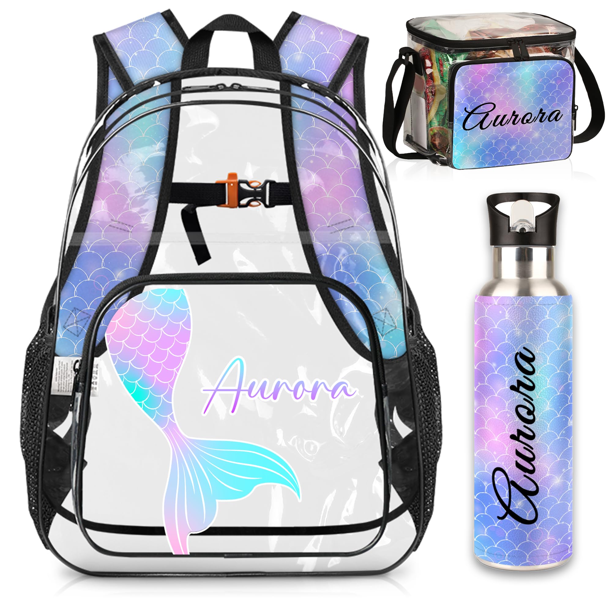 YLYNIU Custom Mermaid Tail Clear Backpack For Girls With Name, Personalized School Clear Backpack for Kids, Back To School Gifts For Kids, Travel PVC