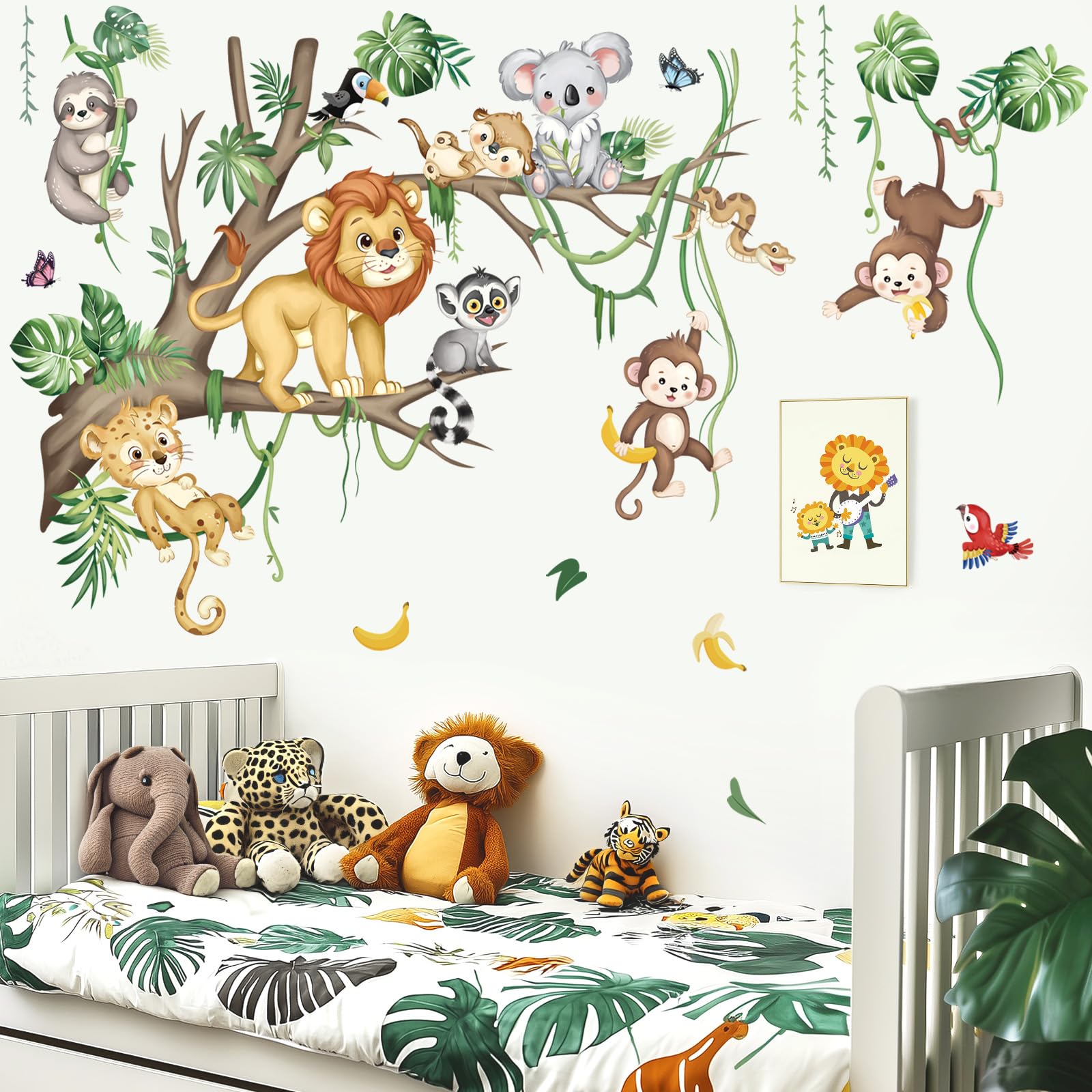 decalmile Large Jungle Animals Tree Branch Wall Decals Safari Lion Leopard Koala Monkey Wall Stickers Living Room Baby Nursery Kids Room Wall Decor(XL)