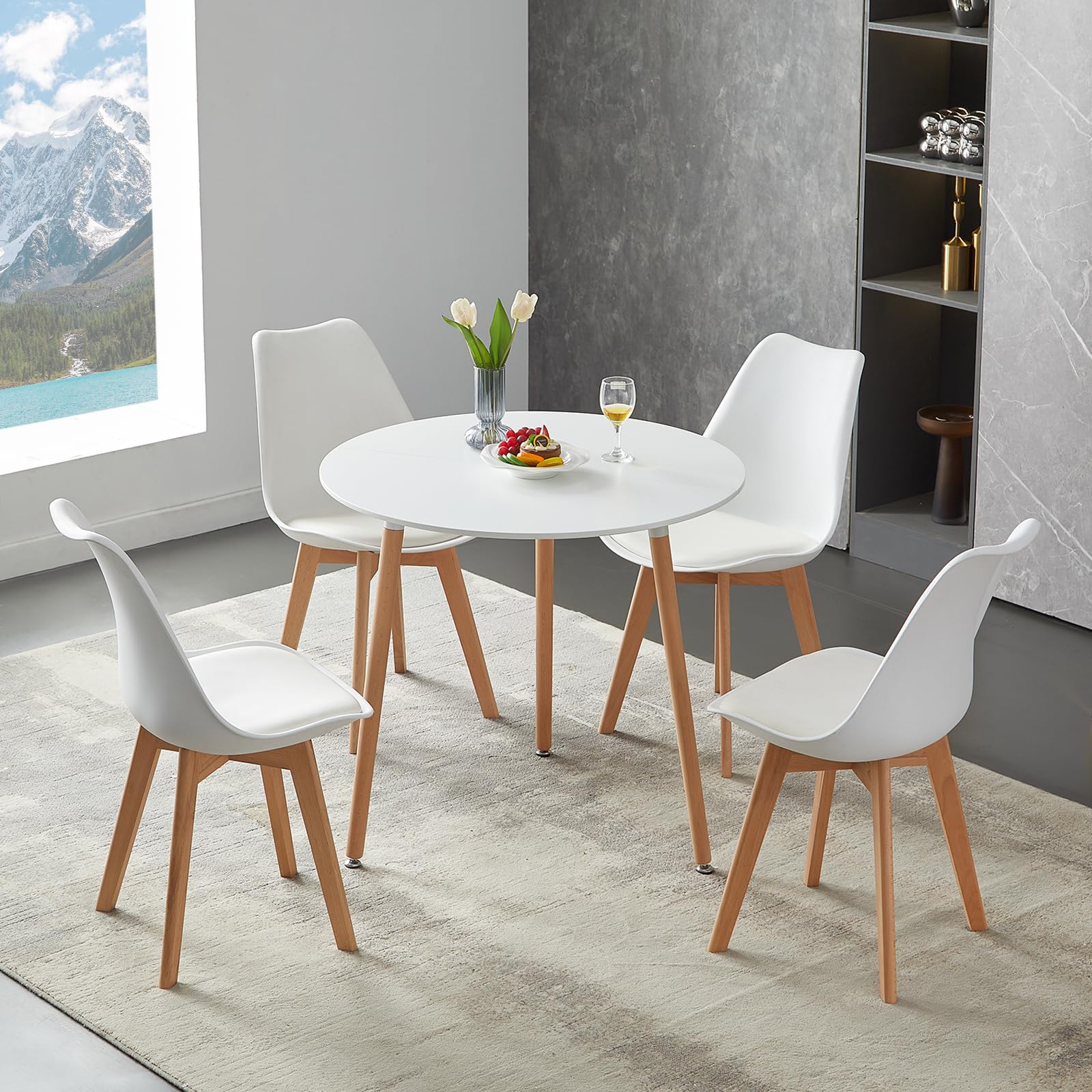 Ensemble de Salle à Manger Ronde Avec Table et 4 Chaises - Pour Balcon, Cuisine, Salon (Blanc)