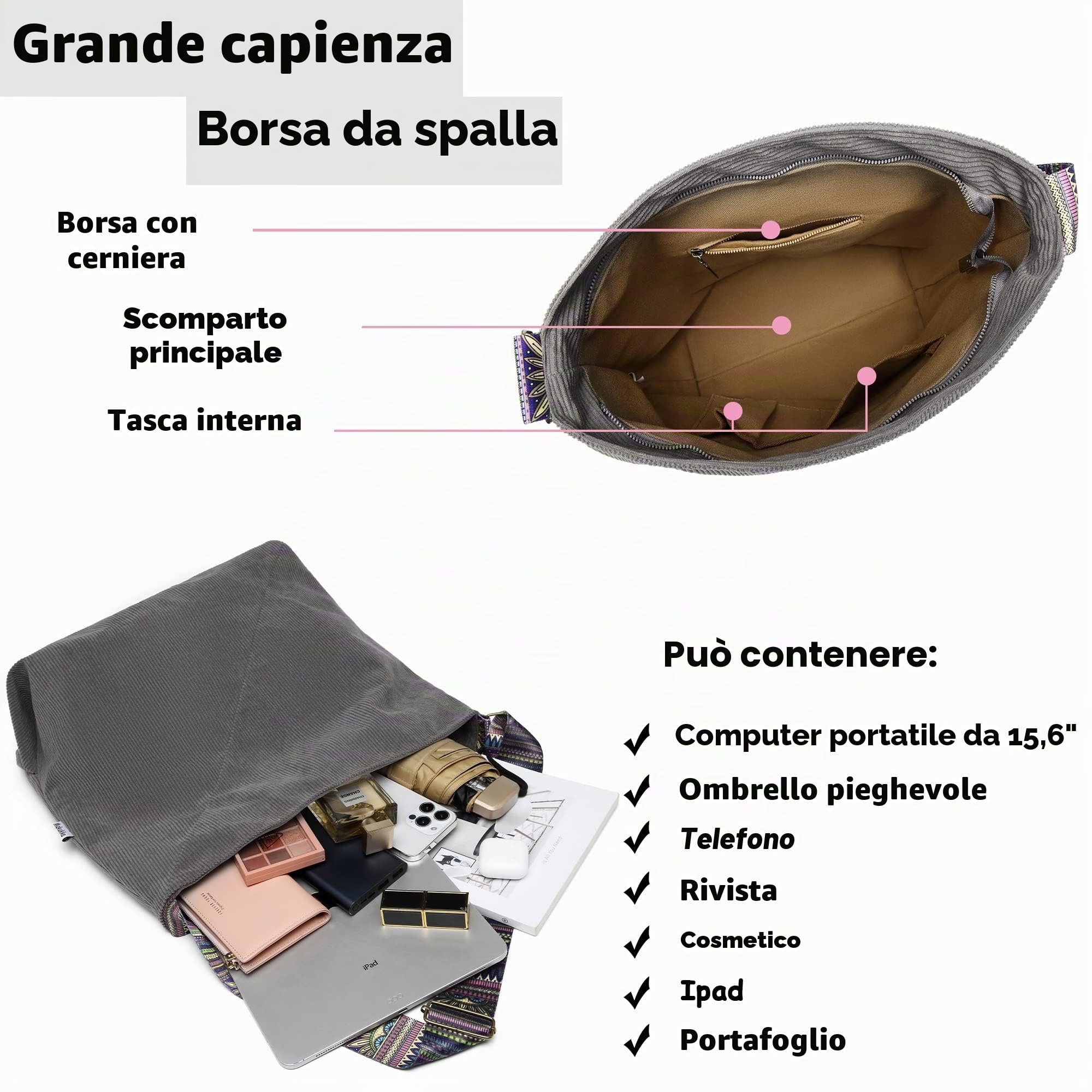 Makukke Borsa a tracolla da donna, in corda, grande shopper Tote Bag borsa a tracolla, casual, per scuola, ufficio, lavoro, viaggi, gite