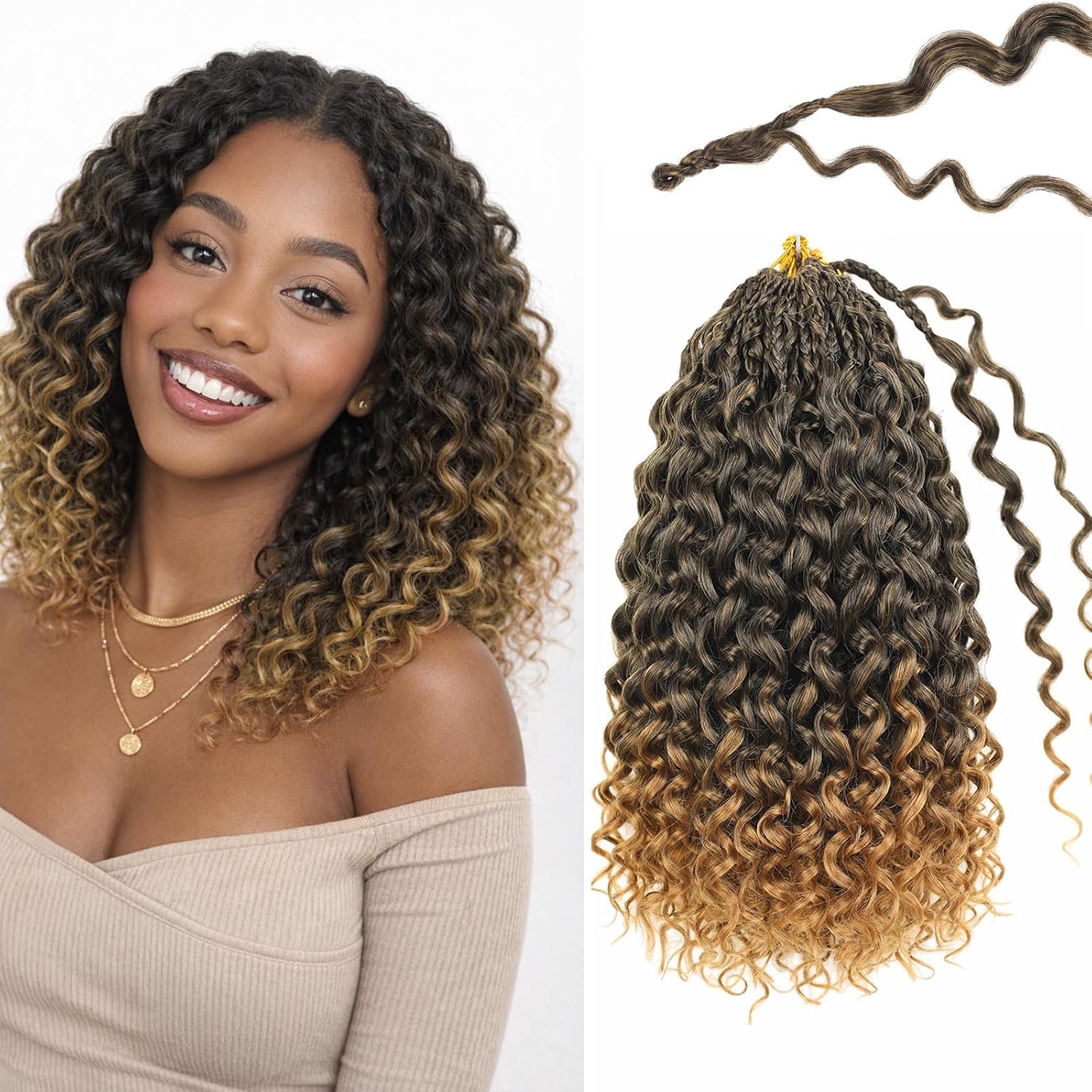 Prelooped Boho Gogo Curl Crochet Hair 12 Inch 8 packs Ombre Honey Blonde, Pure Protein Fiber Close to Human Hair, Deep Wave Curly Crochet Braids Hair Extensions for Black Women(12 Inch, T1B/27#)