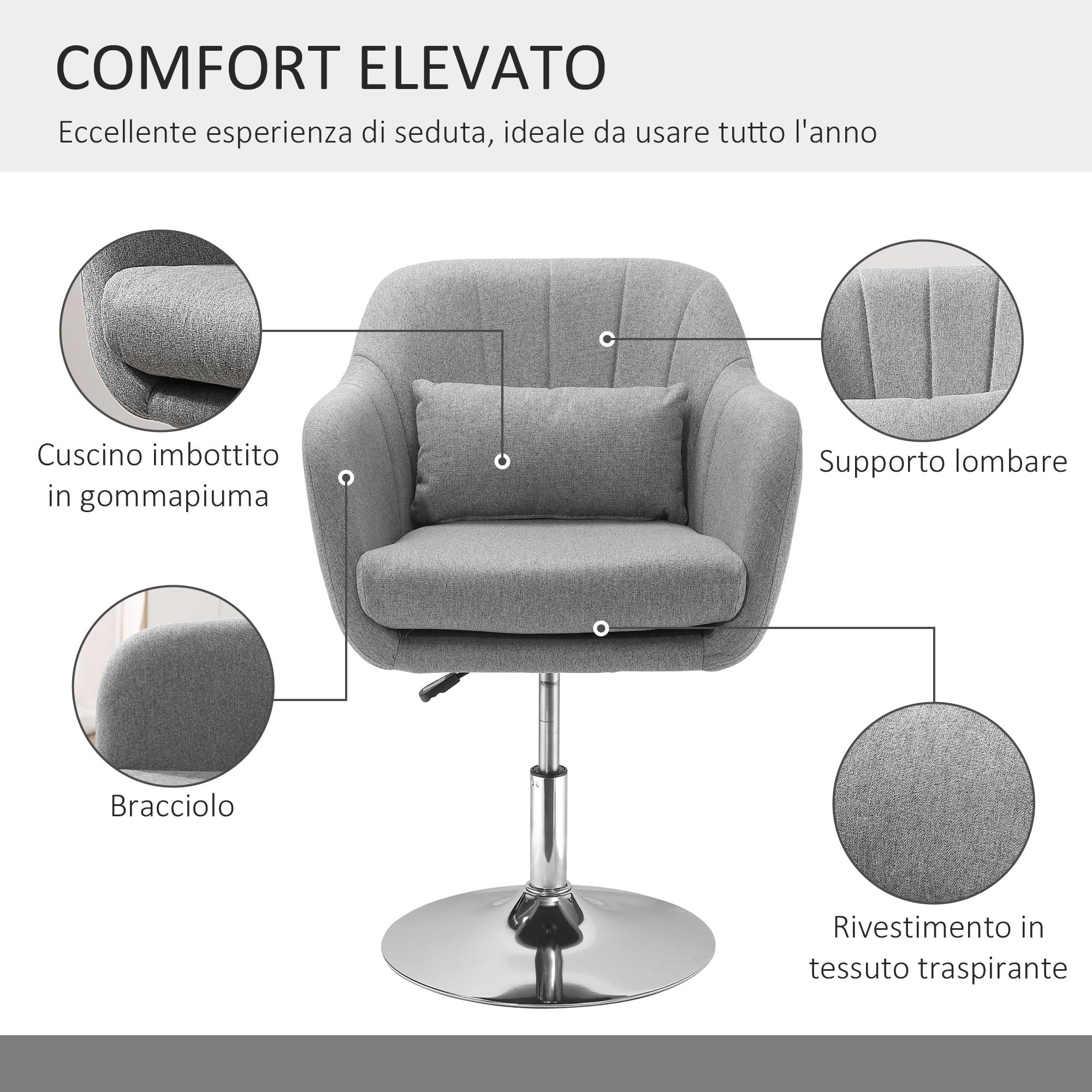 HOMCOM Sedia Girevole a 360° ad Altezza Regolabile in Poliestere, Sedia Moderna con Cuscino, Supporto Lombare e Bracciolo, 60x60x79-91 cm, Grigio