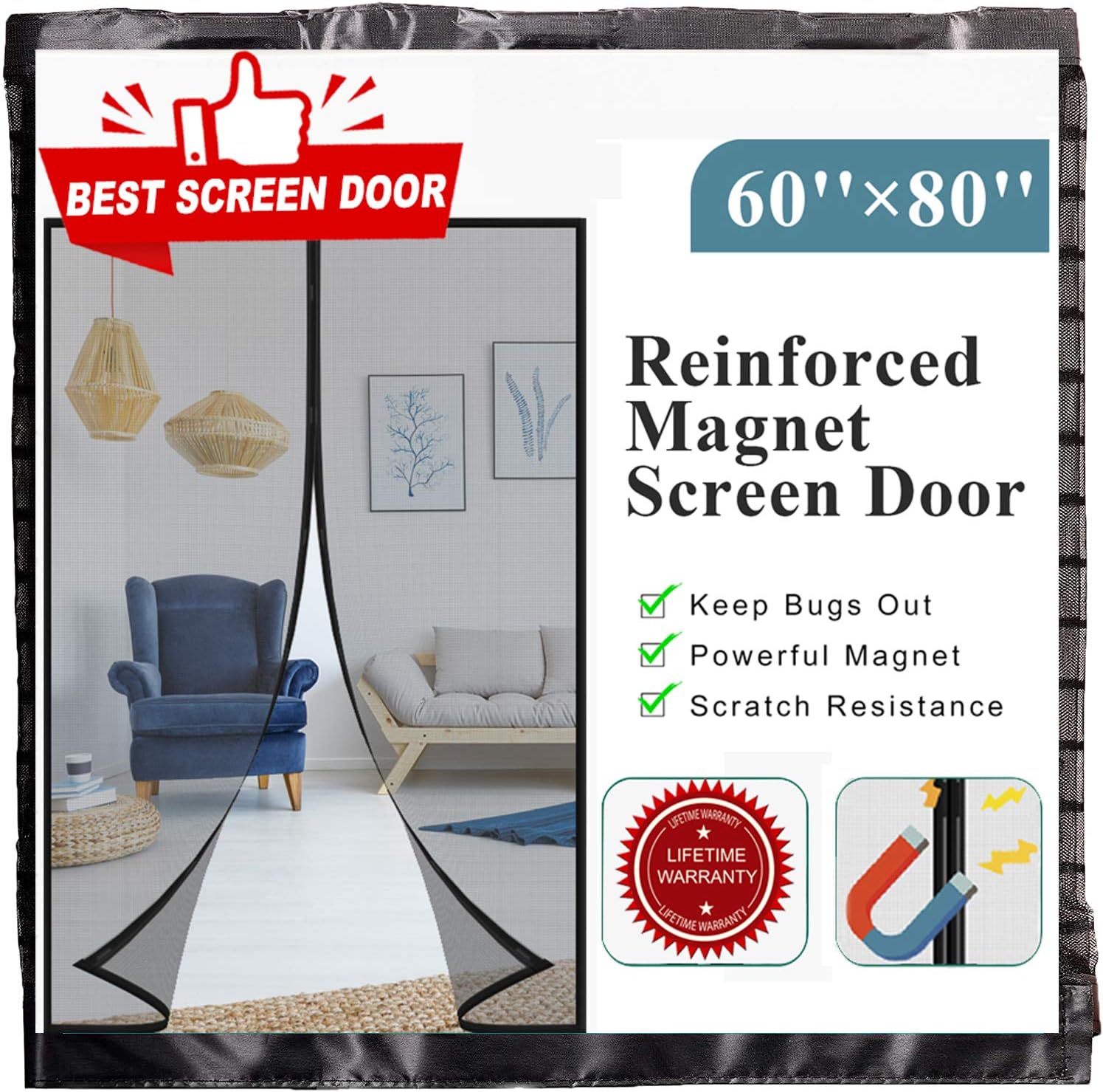 Mkicesky [Upgrade Version] Fiberglass Screen Curtain, Double Patio Mesh Cover for French/Sliding Full Frame Hook&Loop Fit Door Up to 58"x 79" Max-Newest 9.84" Magnet, Black