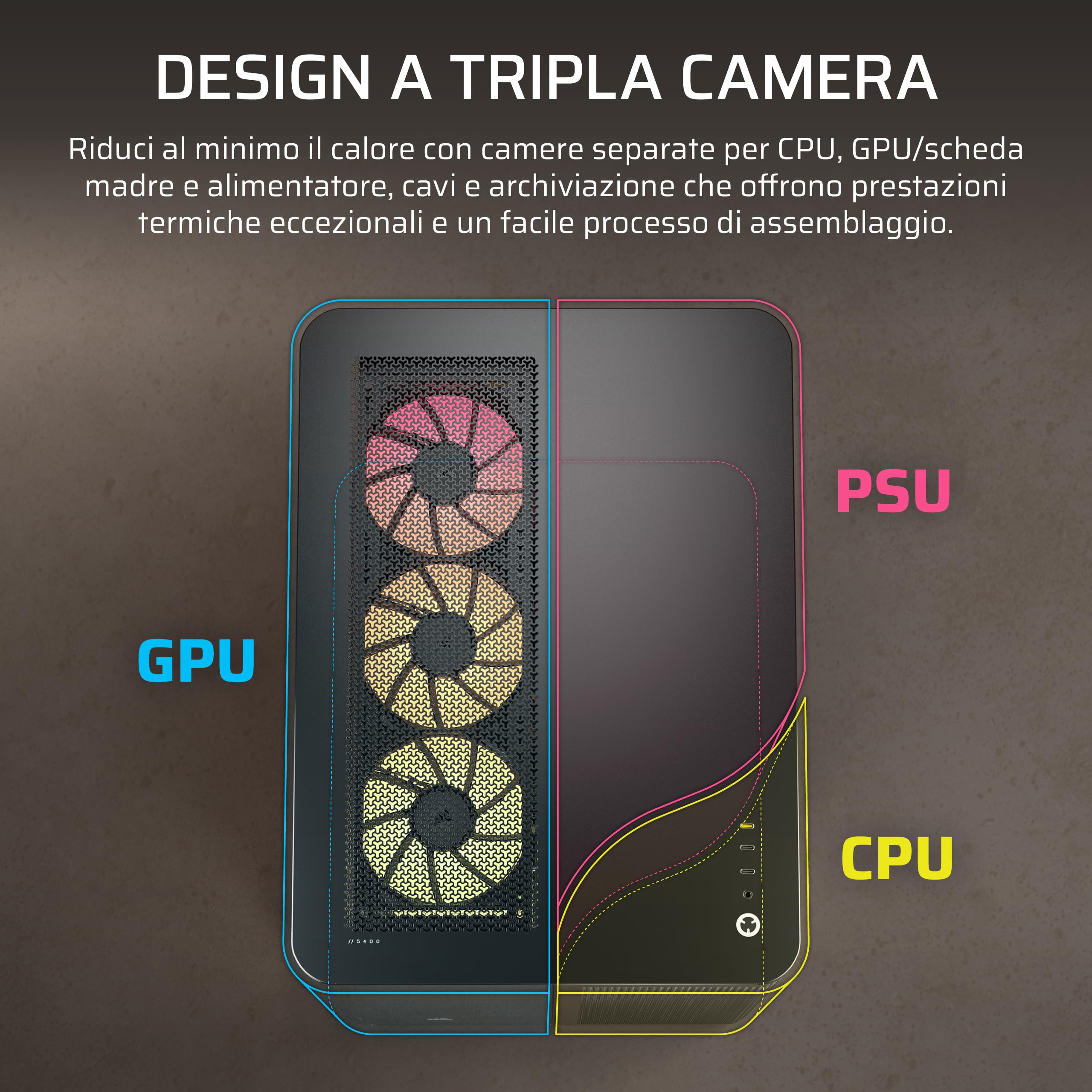CORSAIR AIR 5400 RS-R ARGB Case PC Panoramico Mid-Tower – Nero | A Tripla Camera, 3 Ventole RS120-R ARGB Rotazione Inversa, Condotti Silenziosi ad Alto Flusso, Supporto Scheda Madre Inverso