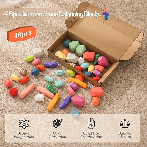 Miniatura 2 de OESSUF 48 piezas de bloques apilables, piedras apilables de equilibrio, juguetes de construcción de madera, juego de apilamiento de piedra de madera