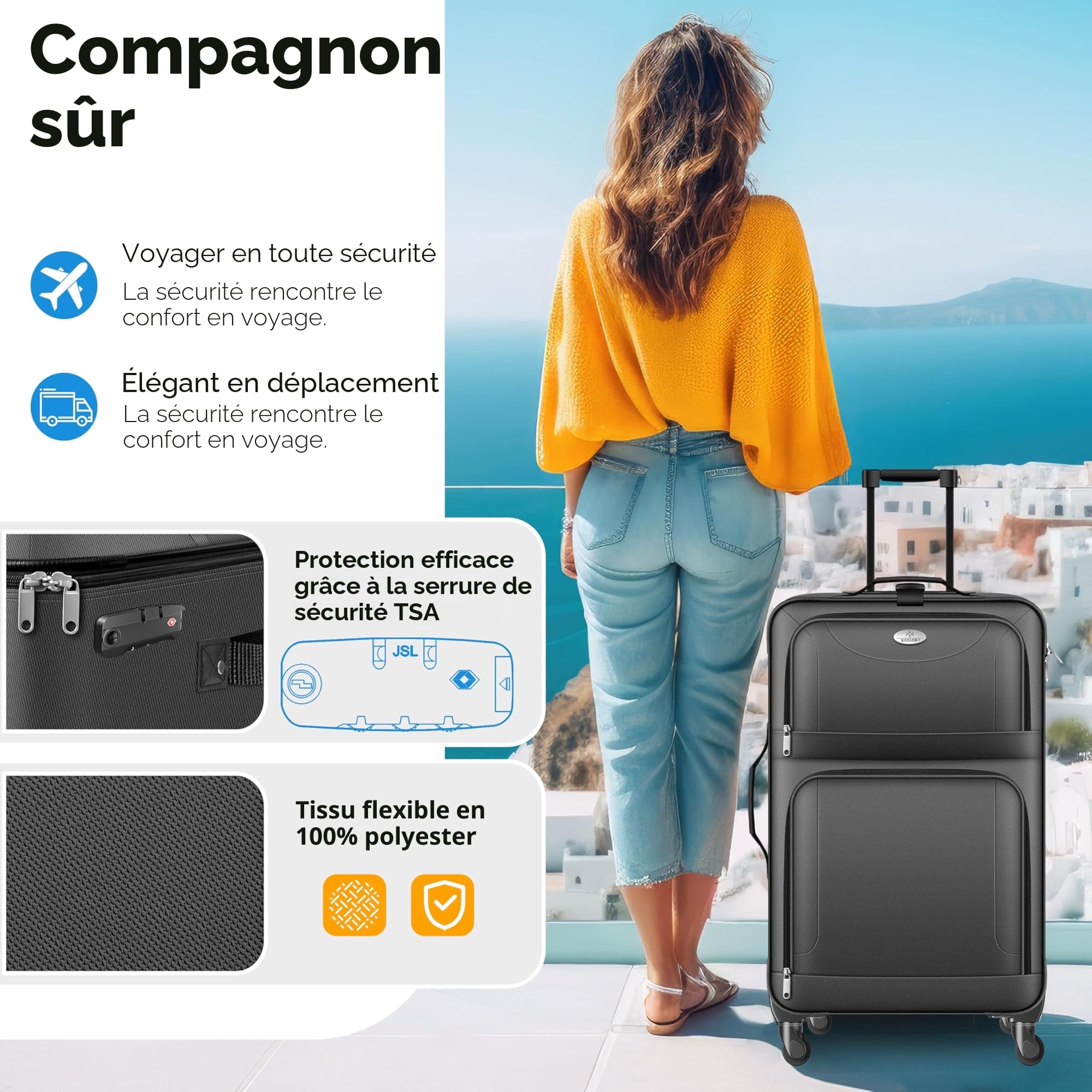 KESSER® Lot de 4 valises de voyage - Sac à roulettes en tissu avec serrure TSA - Roulettes à 360° et poignée télescopique - Sac cosmétique - Valise légère et grande