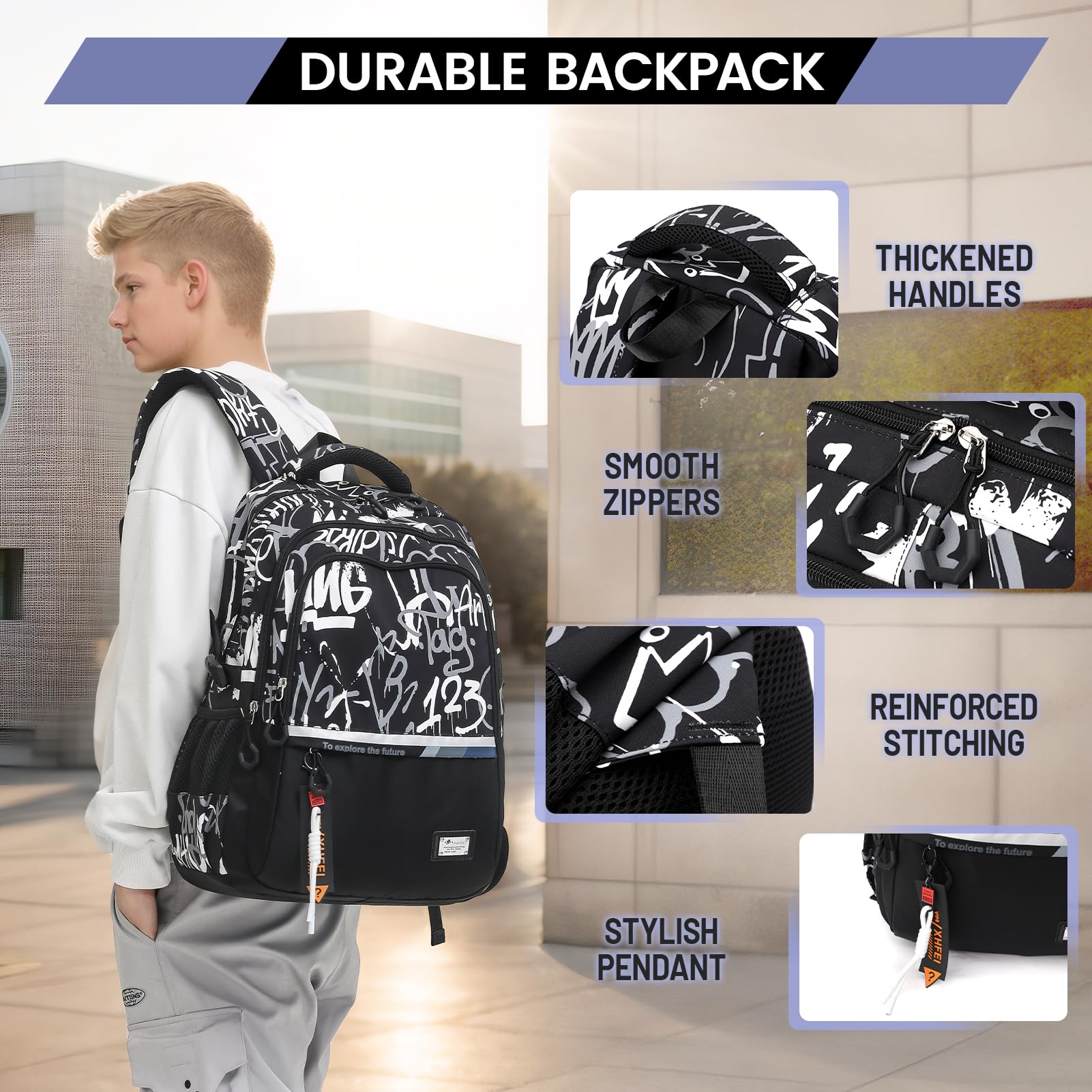 Amythe Schulrucksack Teenager Rucksack für Jungen - Wasserdichter Casual Daypack, Schulranzen Ideal für Schule, Reisen und Hochschulen, School Bag Schwarz