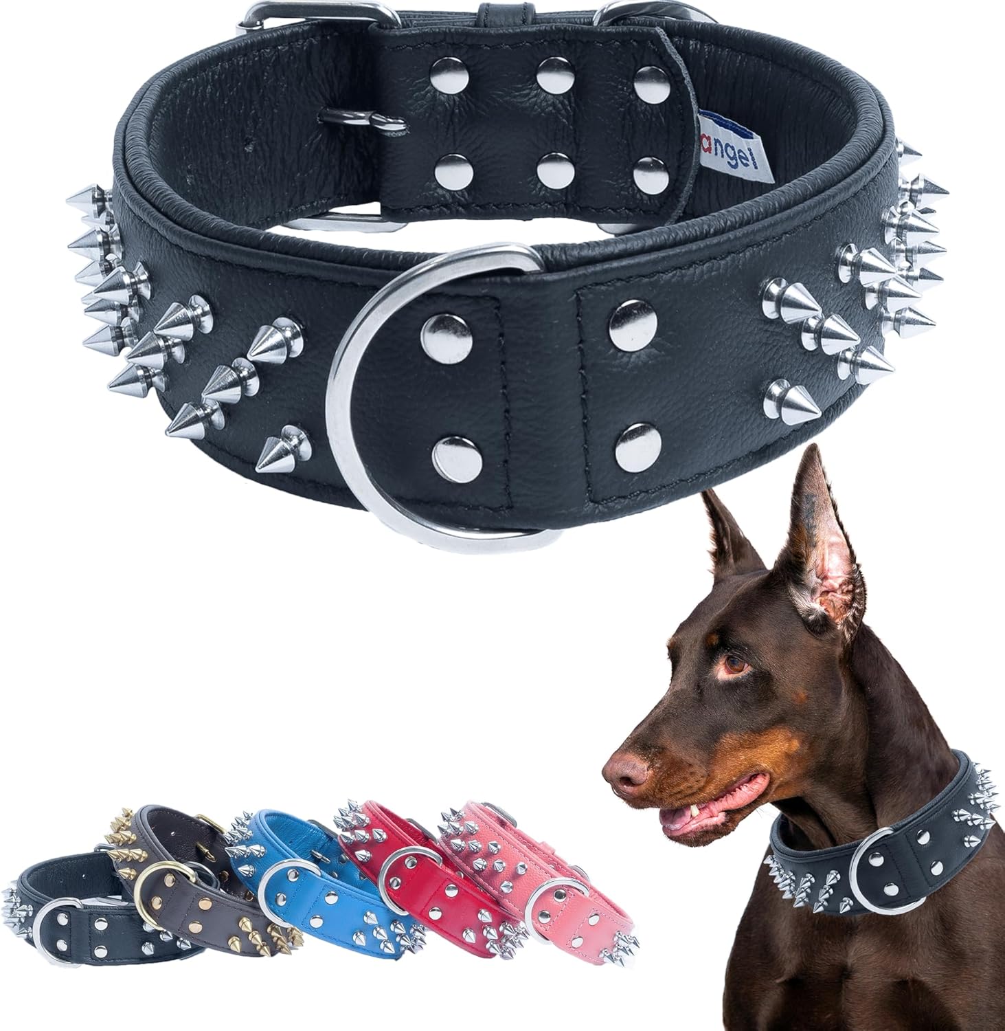 Angel Pet Supplies - Amsterdam Spiked Dog Collar, Genuine Leather Dog Collar for Large Dogs to Extra Large Dogs, Water-Resistant, Thick Dog Collar with D-Ring, Chocolate Brown Collar, 24 x 1.5 inches