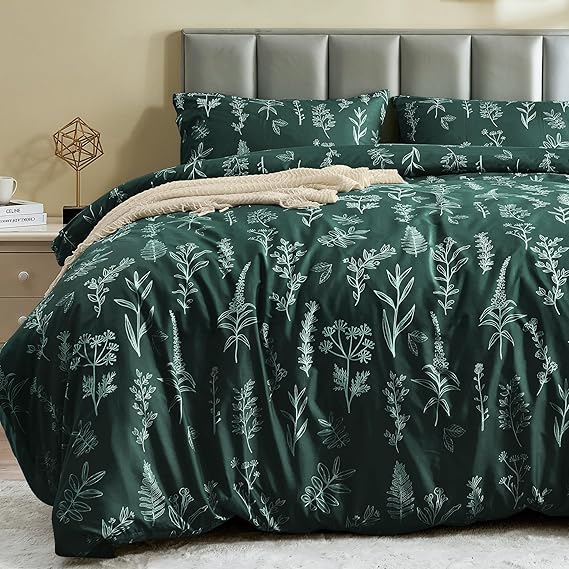MUXHOMO Duvet Cover Queen Size, Reversible Floral Forest Green Duvet Cover Set with Zipper Closure, 3 Pieces Botanical Patterns Soft Microfiber Bedding Set with 4 Ties (90"x90", 2 Pillow Cases)