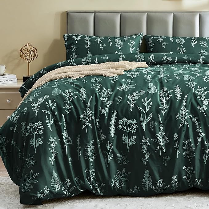 MUXHOMO Duvet Cover Queen Size, Reversible Floral Forest Green Duvet Cover Set with Zipper Closure, 3 Pieces Botanical Patterns Soft Microfiber Bedding Set with 4 Ties (90"x90", 2 Pillow Cases)