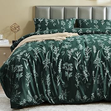 MUXHOMO Duvet Cover Queen Size, Reversible Floral Forest Green Duvet Cover Set with Zipper Closure, 3 Pieces Botanical Patterns Soft Microfiber Bedding Set with 4 Ties (90"x90", 2 Pillow Cases)