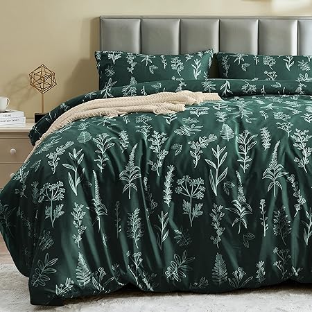 MUXHOMO Duvet Cover Queen Size, Reversible Floral Forest Green Duvet Cover Set with Zipper Closure, 3 Pieces Botanical Patterns Soft Microfiber Bedding Set with 4 Ties (90"x90", 2 Pillow Cases)