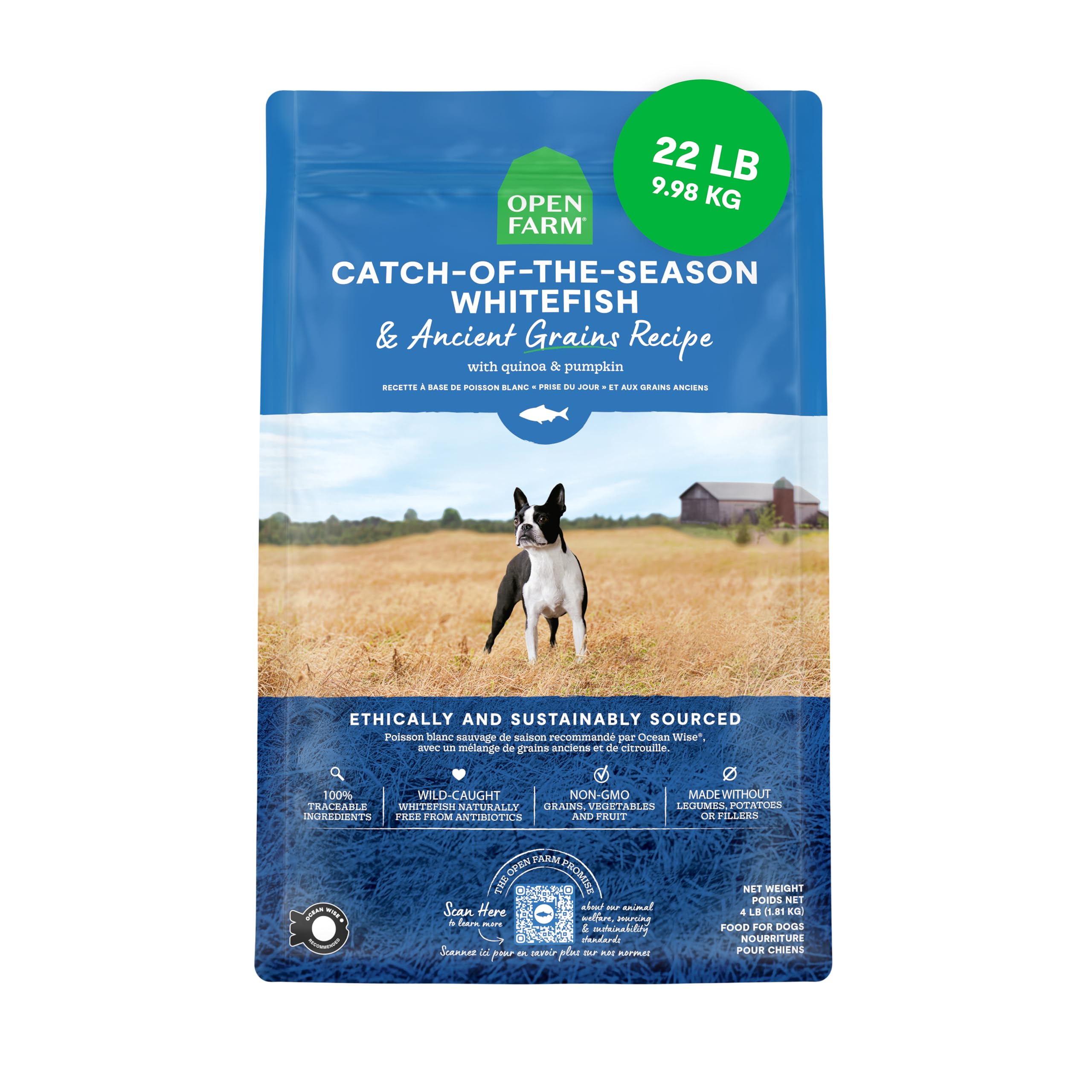 Open Farm, Ancient Grains Dry Dog Food, Protein-Rich & Nutrient Dense, 90% Animal Protein Mixed with Non-GMO Fruits, Veggies and Superfoods, Catch-of-The-Season Whitefish Recipe, 22lb Bag