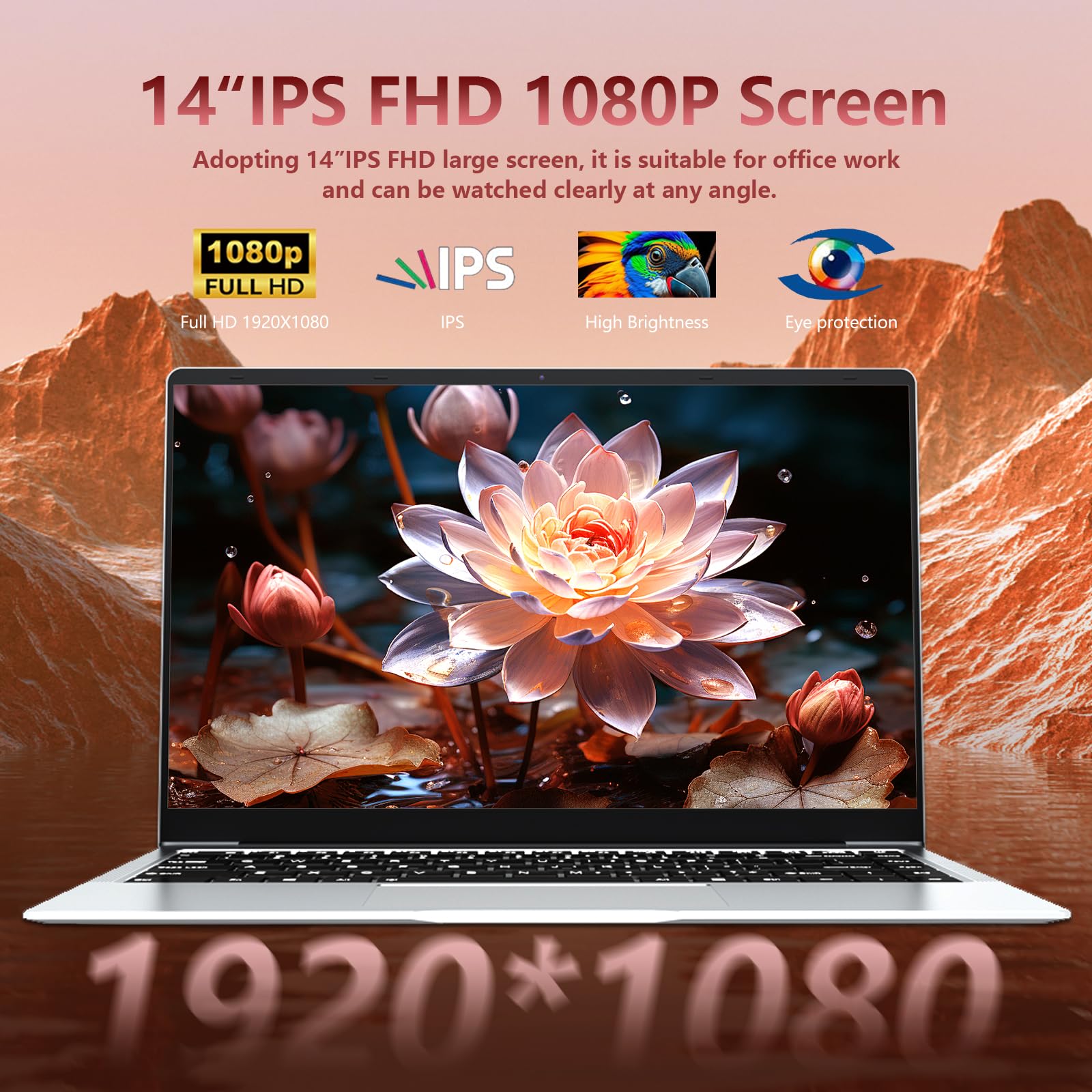 14,1 Pollici PC Portatile, Notebook Celeron N4000 Processor, Win11 PC Portatile 6GB LPDDR4 RAM 256GB SSD, 1920*1080P Schermo 80°Flip, UHD Graphics 600, Mini-HDMI/USB3.0, Batteria 7.6V/5000MA