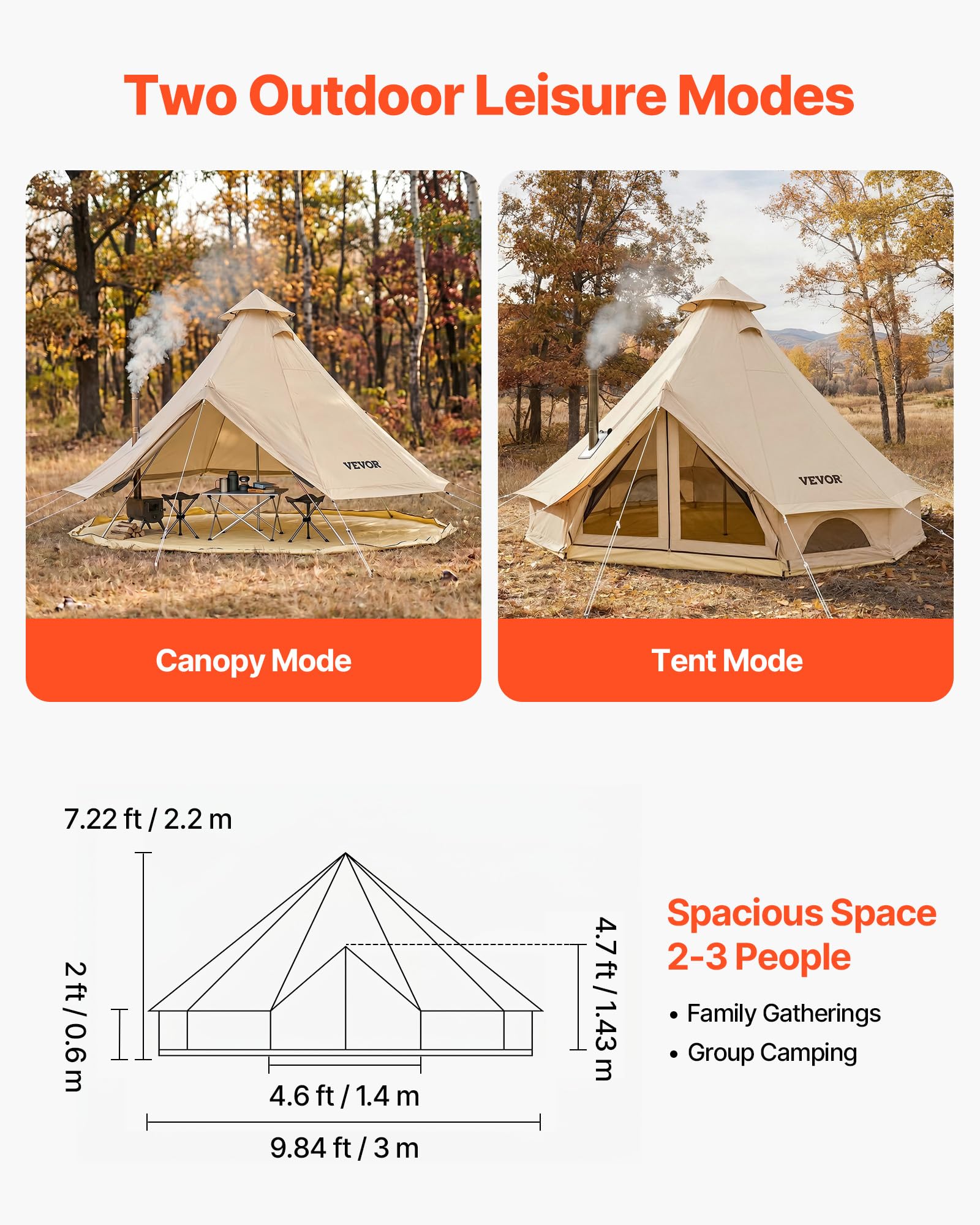 VEVOR Oxford Glockenzelt, 3 m Jurte, 4 Jahreszeiten, mit Ofenrohrdurchführung, bis zu 3 Personen, mit Abnehmbarem Boden (Reißverschluss), ideal für Familien-Camping, & Outdoor-Aktivitäten, Beige
