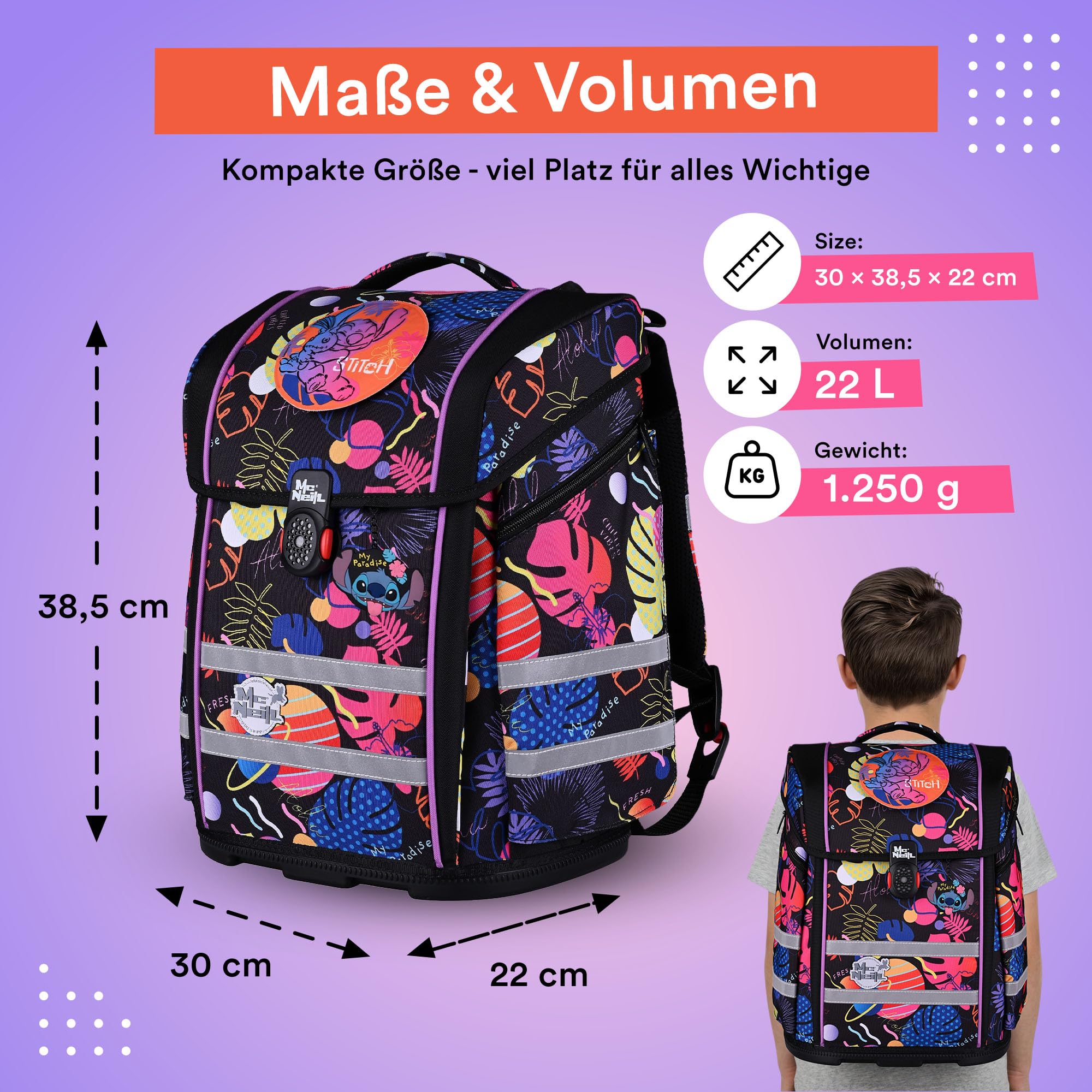 McNeill Stitch III Perfecto SchulranzenSet 5-teilig – Ergonomischer Schulranzen mit gefülltem Federmäppchen, Sportbeutel & mehr im Disney Stitch Design – Reflektierend, mit Brustgurt, für Grundschule