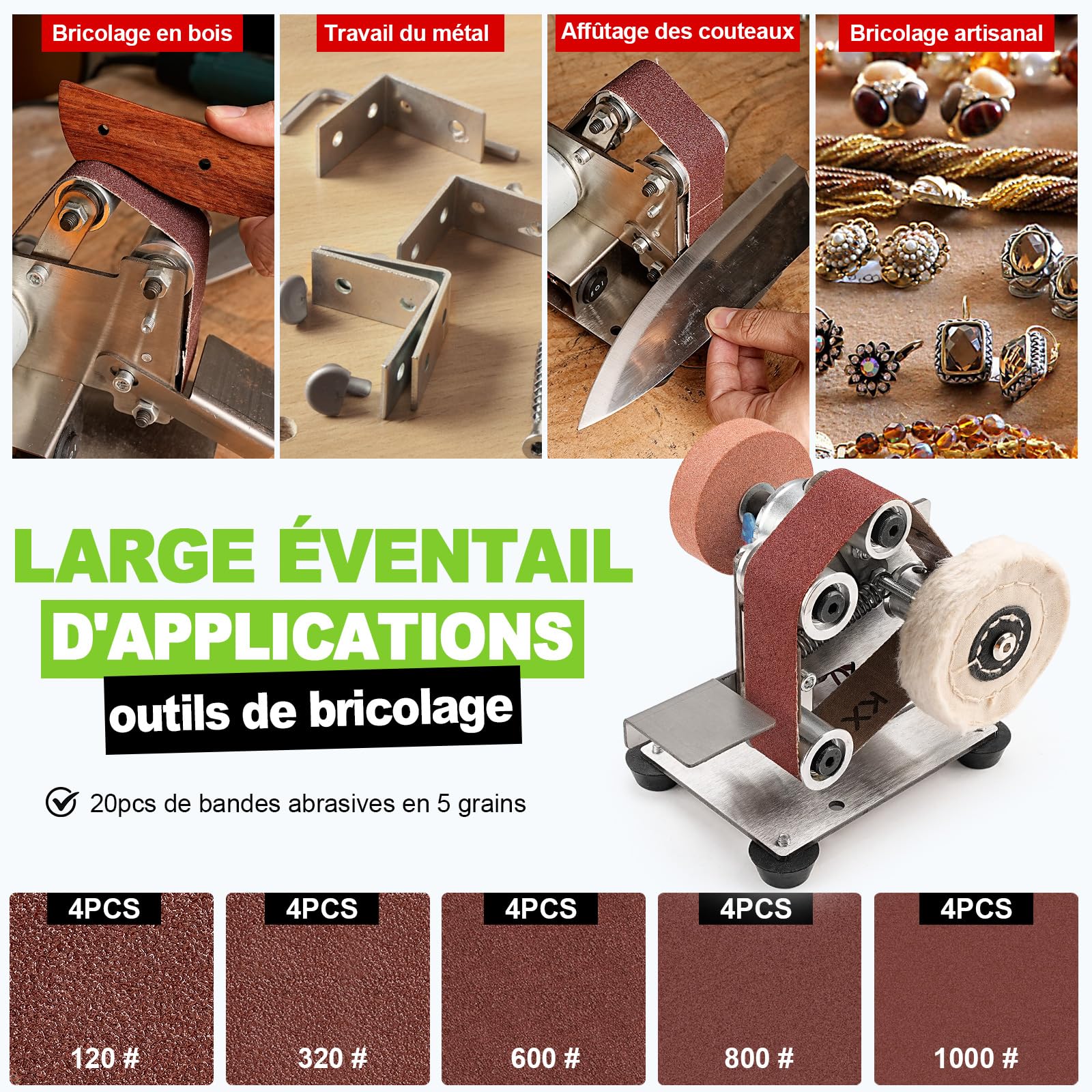 SI FANG Mini Ponceuse à Bande électrique Kit d'affûtage de Couteau, Petite Meuleuse d'établi, 7 Vitesses réglables, Pour le Travail du bois et du métal, la Bijouterie l'artisanat Polissage Meulage