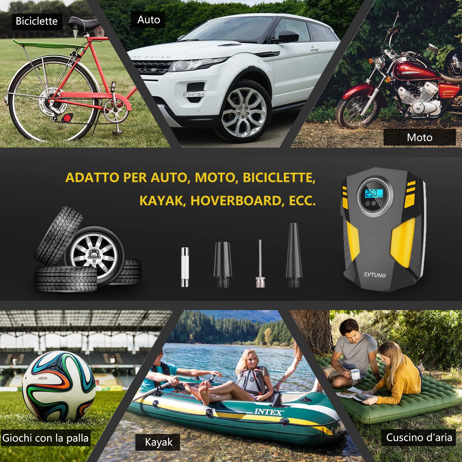 Compressore Aria Portatile, Compressore Aria Portatile Auto con 3 Adattatori per Ugelli e Luci LED Digitali per Pneumatici per Auto e Altri Prodotti Gonfiabili
