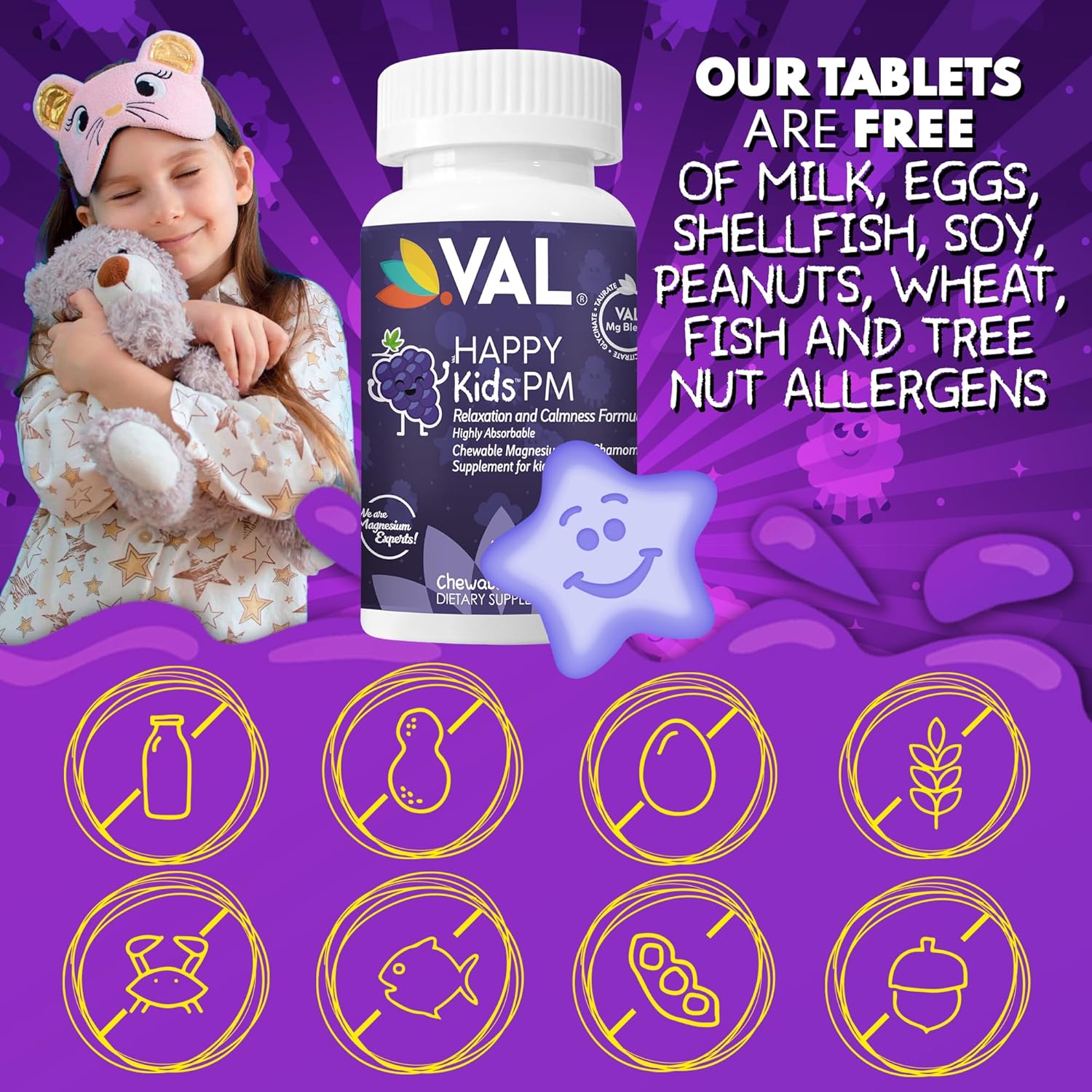 VAL Kids PM Magnesium Gummies | Sugar-Free Chewable Tablets with Chamomile, Magnesium Glycinate + Citrate + Taurate | Vitamin B6 & C | Natural Grape Flavor | Sleep & Calm Support | 60 Ct | Ages 4+ - Image 7