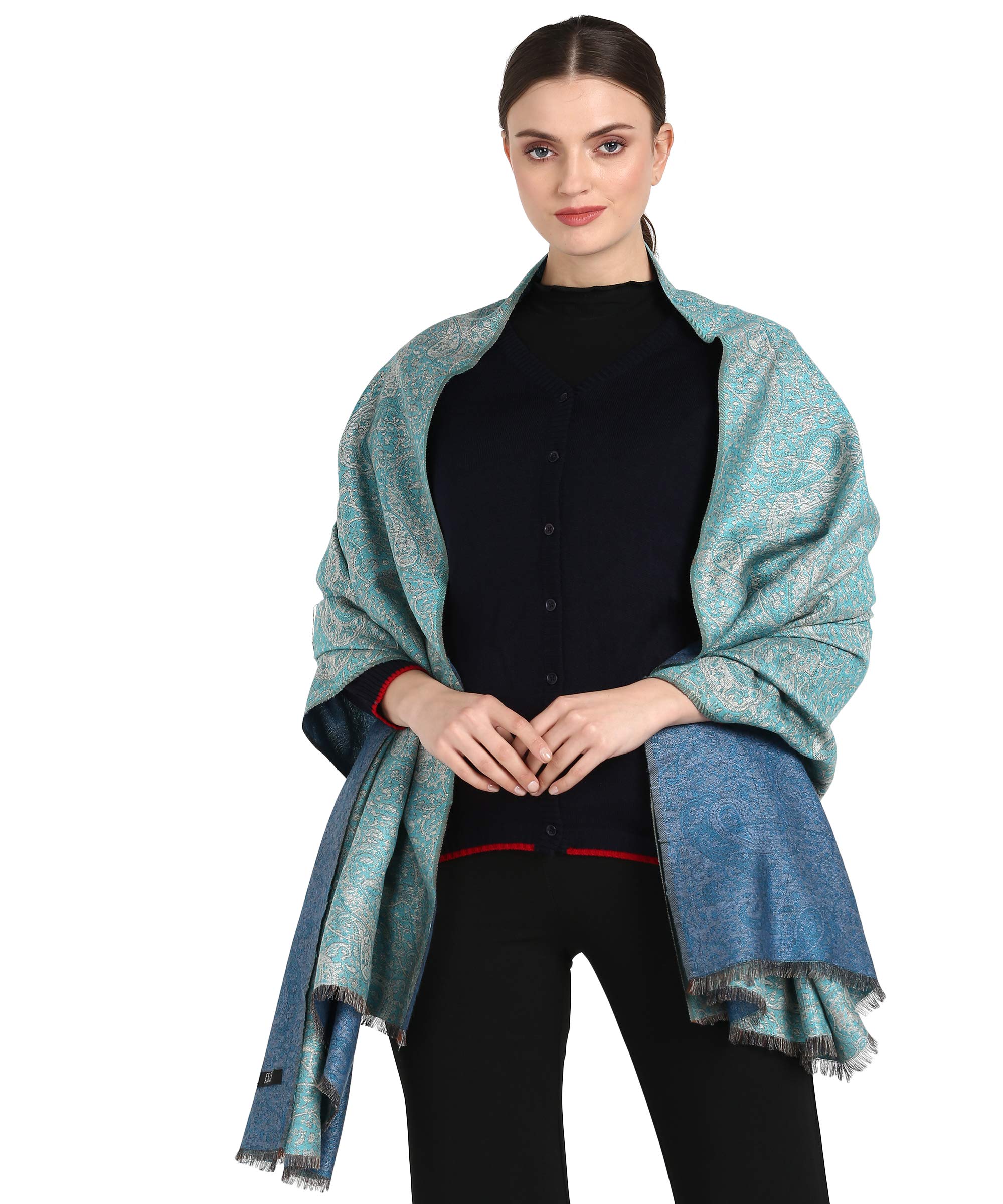 essentiele WOMEN BLUE REVERSIBLE WOOL TOUCH PAISLEY DESIGN JAMAVAR KASHMIRI SHAWL-picture-33