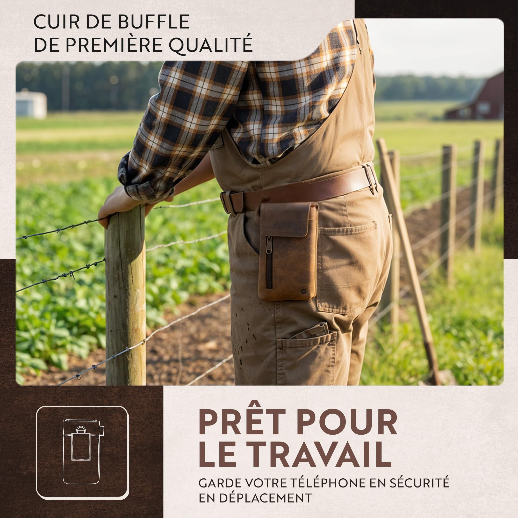Moonster - Pochette Ceinture Téléphone Portable - Étui Téléphone en Cuir de Buffle Pleine Fleur Véritable – 18 x 9 cm - pour Smartphones de Grande Taille - Fixation Solide et Durable