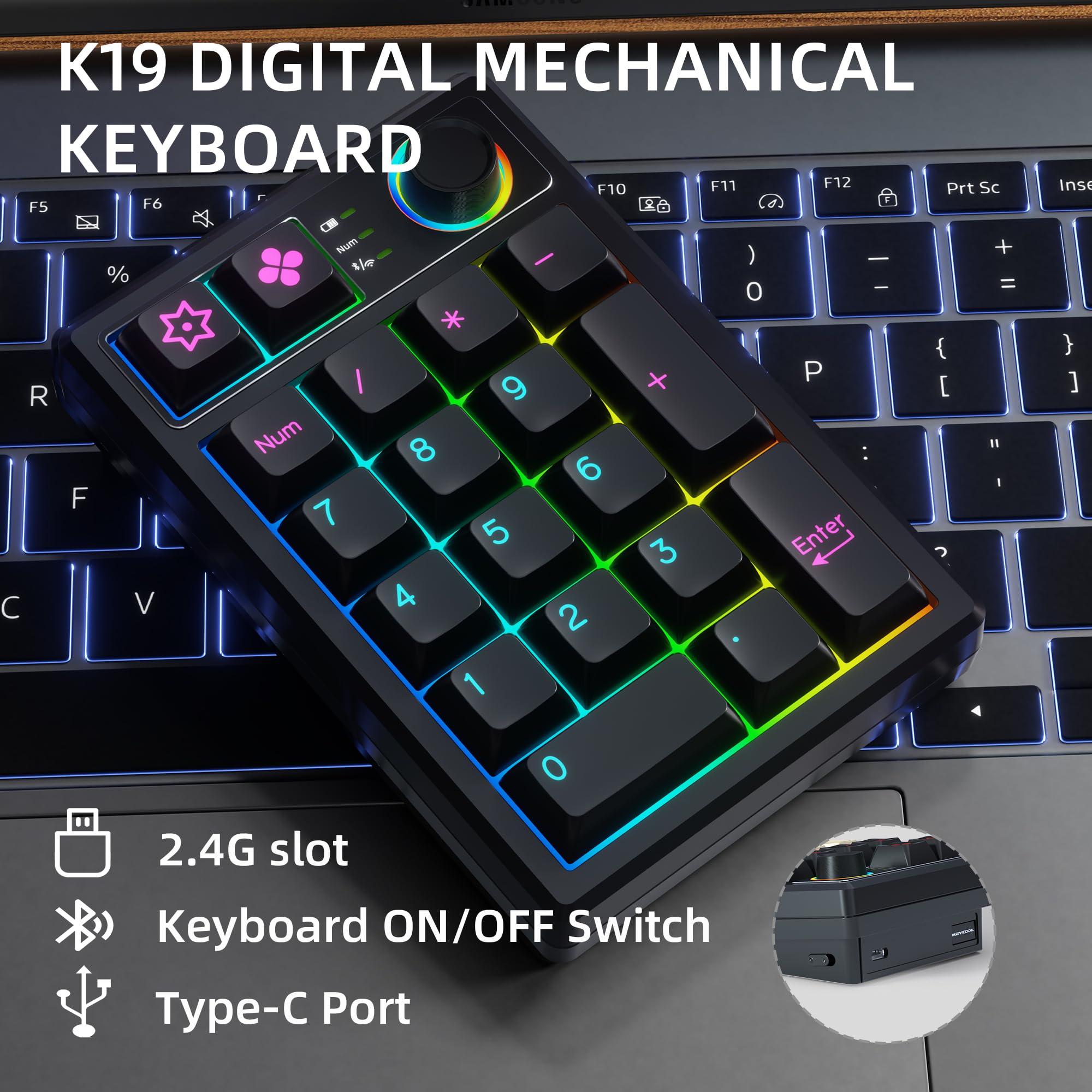 KEYCOOL K19 Wireless Numeric Keyboard, Mechanical Number Keypad Hot-swappable Bluetooth Numpad 5.0/2.4GHz, RGB Multi-Function Knob Numerical Keyboard for Laptop Mac Win iOS Android