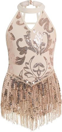 IBAKOM Girl Sparkly Sequins Fringe Bodysuit Halter V Neck Gymnastics Dance Leotard Kids Open Back Latin Jazz Hip Hop Outfits