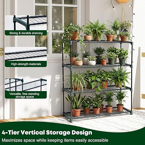 Miniatura 4 de Panana Estantería de acero para invernadero de jardín de 4 niveles, soporte para plantas, unidad de estantería de jardín, estante de almacenamiento