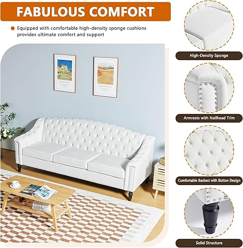 Miniatura 3 de LEVNARY Sofá de Terciopelo Moderno de Mediados de Siglo, Sofá Tapizado Grande de 80 pulgadas con Respaldo Alto, Sofá Cama Chesterfield Settee con