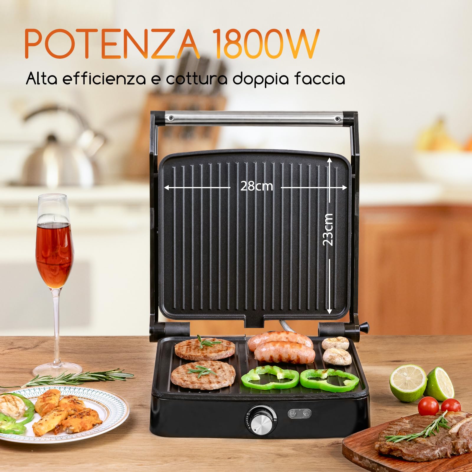 Aigostar Tostapane Piastra 3 in 1, Tostiera Elettrica con Piastre Panini Antiaderenti, 1800 W, Bistecchiera Elettrica con Regolatore di Temperatura, Apertura a 180°, Vassoio Raccogligocce, Calore