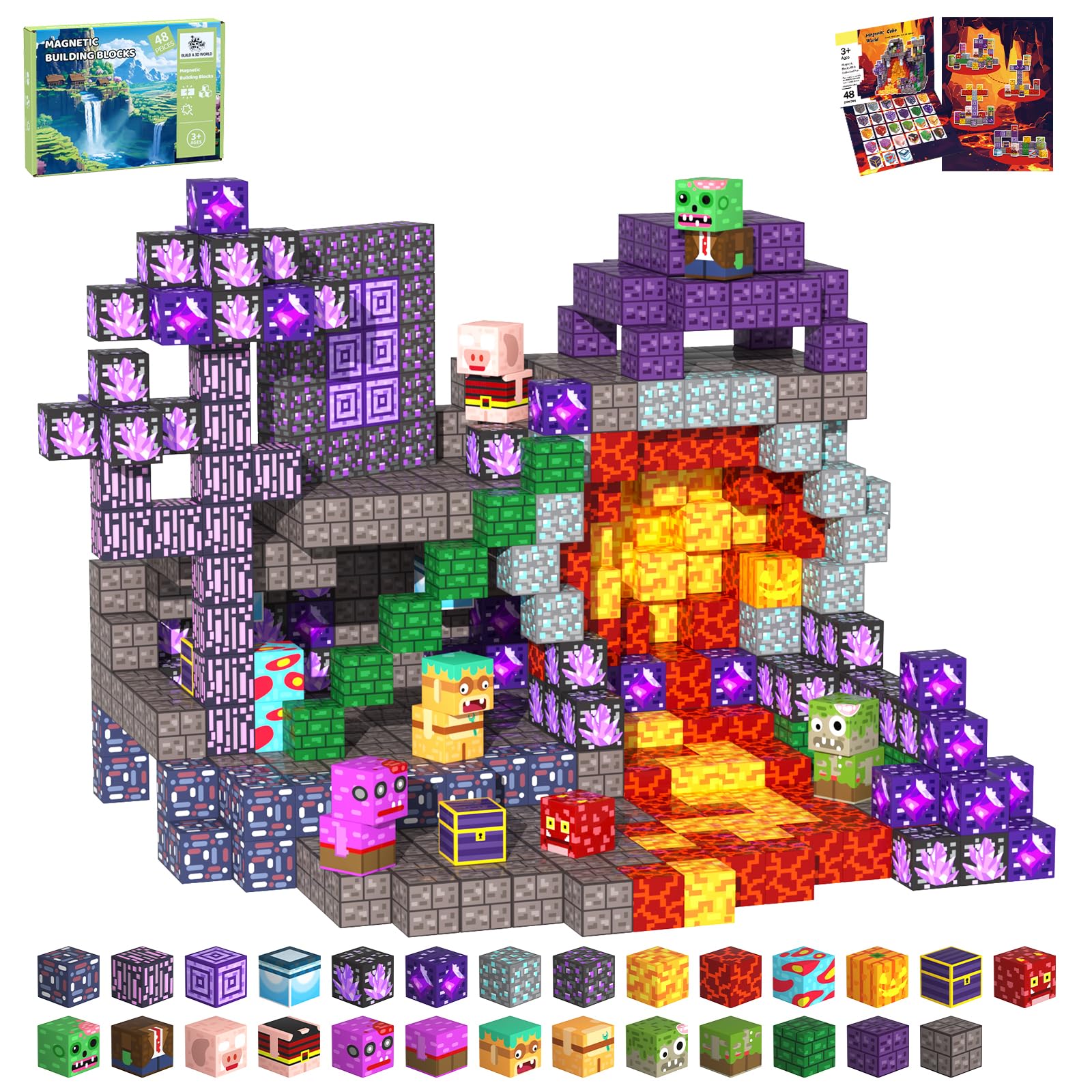 SSAWER Magnetic Blocks, 48PCS Magnetic Building Blocks, Stacking Magnets for Kids, STEM Constructions Magnet Blocks for Boys Girls Age 3+, Christmas Birthday Gifts (Cave Exploration) โ image 1