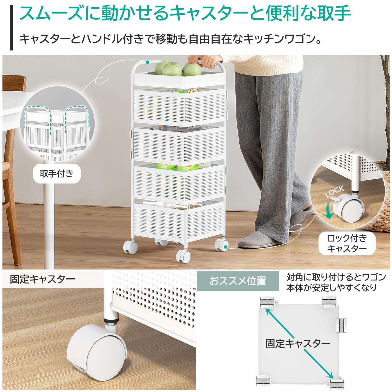 Amazon.co.jp: DAIWIN キッチンワゴン キャスター付き 4段 組立不要 幅