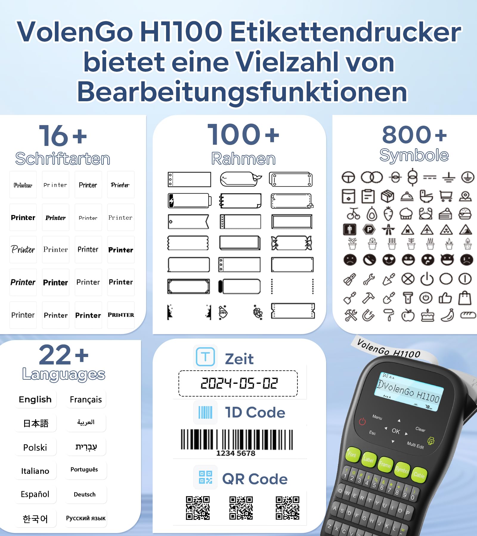 Beschriftungsgerät H1100 – Etikettiergerät & Etikettendrucker mit QWERT Tastatur, LCD-Hintergrundbeleuchtung und Selbstklebendem Label (12 mm). Portable Beschriftungsgerät Handgerät für Heim und Büro