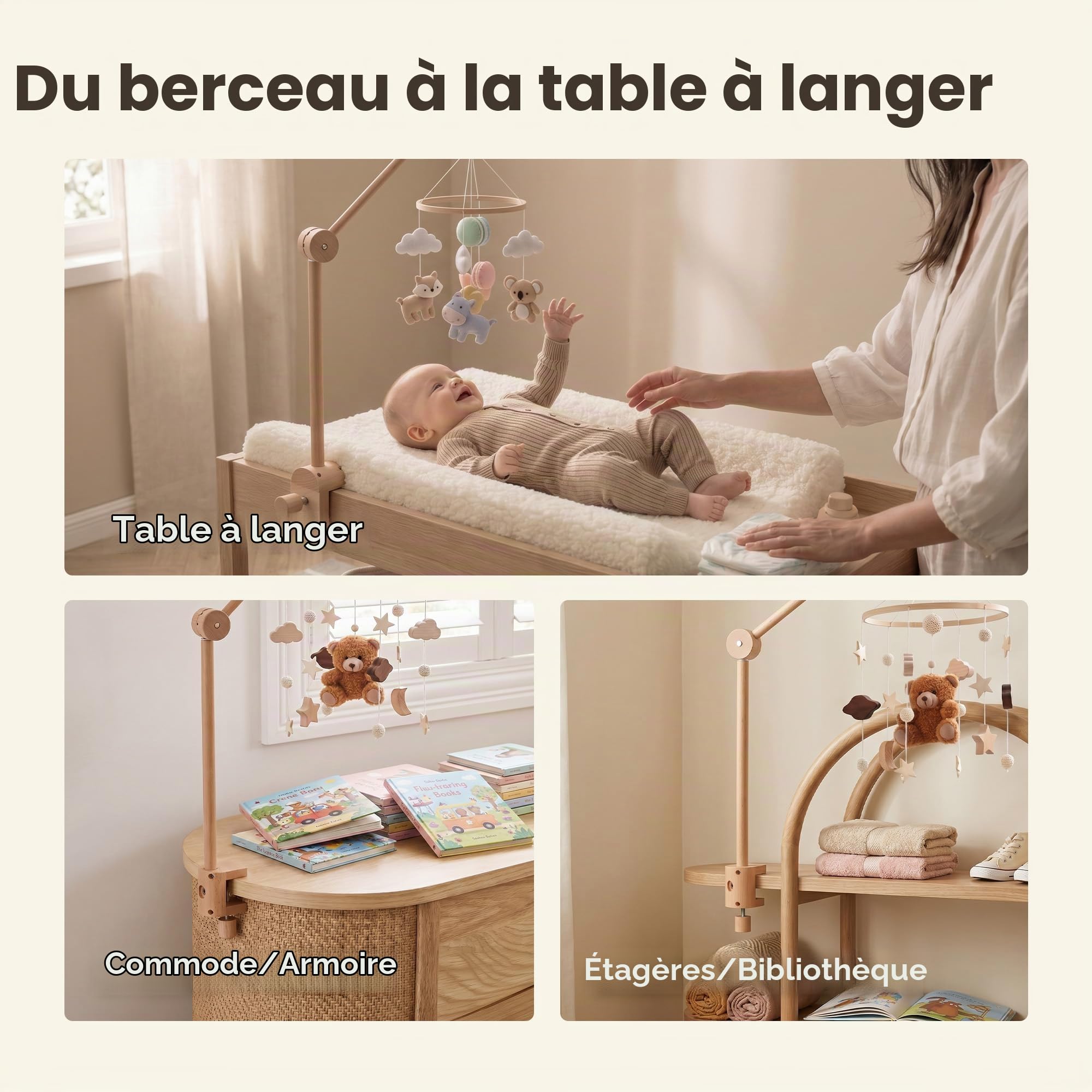 let's make Support mobile en bois pour lit de bébé, bras mobile réglable en hauteur et rotatif à 360° avec base incurvée étendue, accessoire de lit de bébés, décoration
